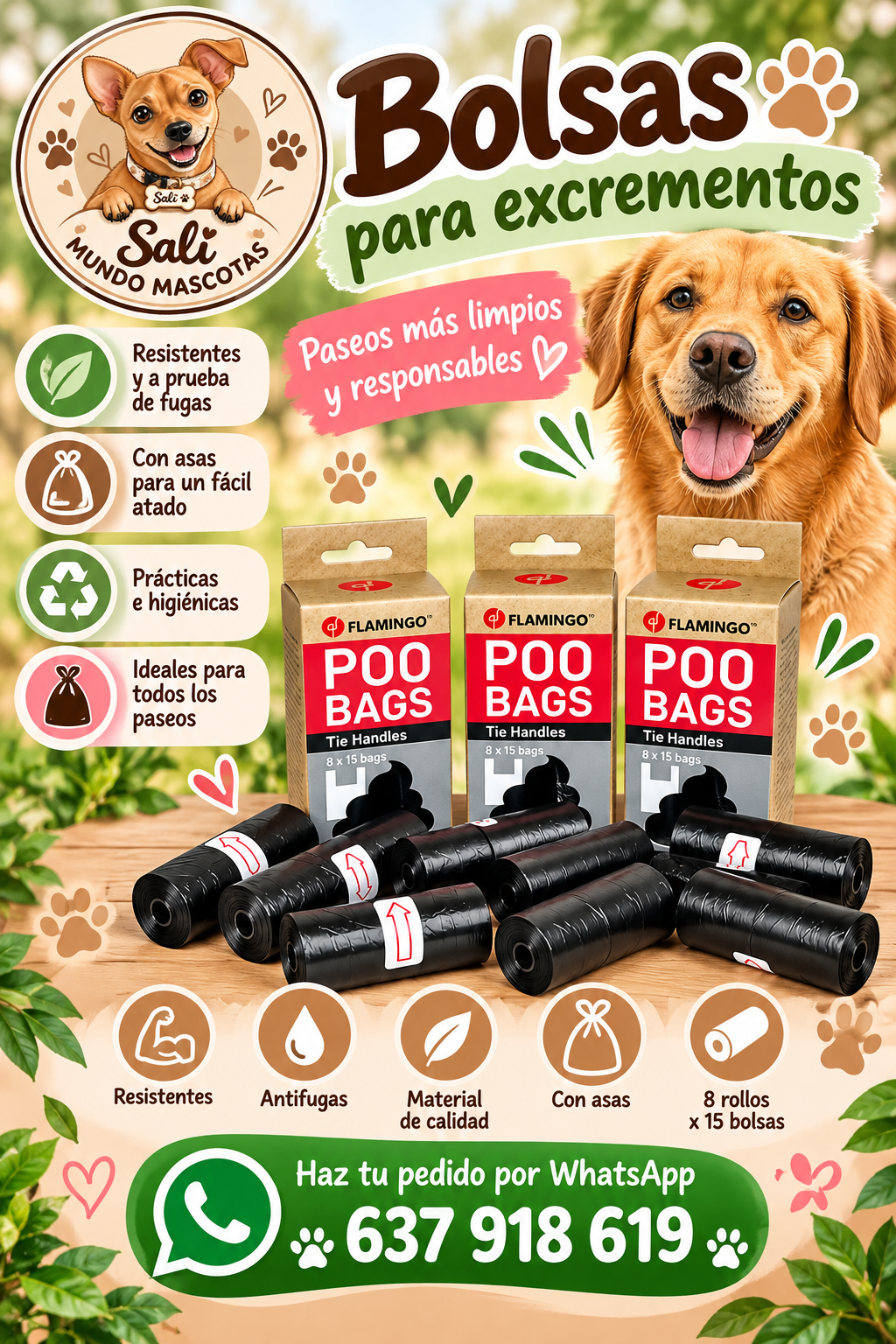 Bolsas para excrementos de perro Flamingo – 120 bolsas con asa