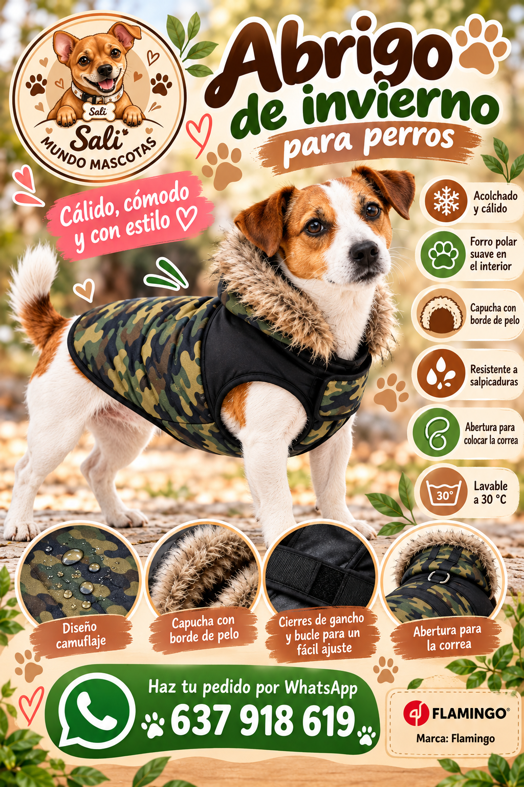 Abrigo de Invierno Flamingo para Perros Camuflaje con Capucha