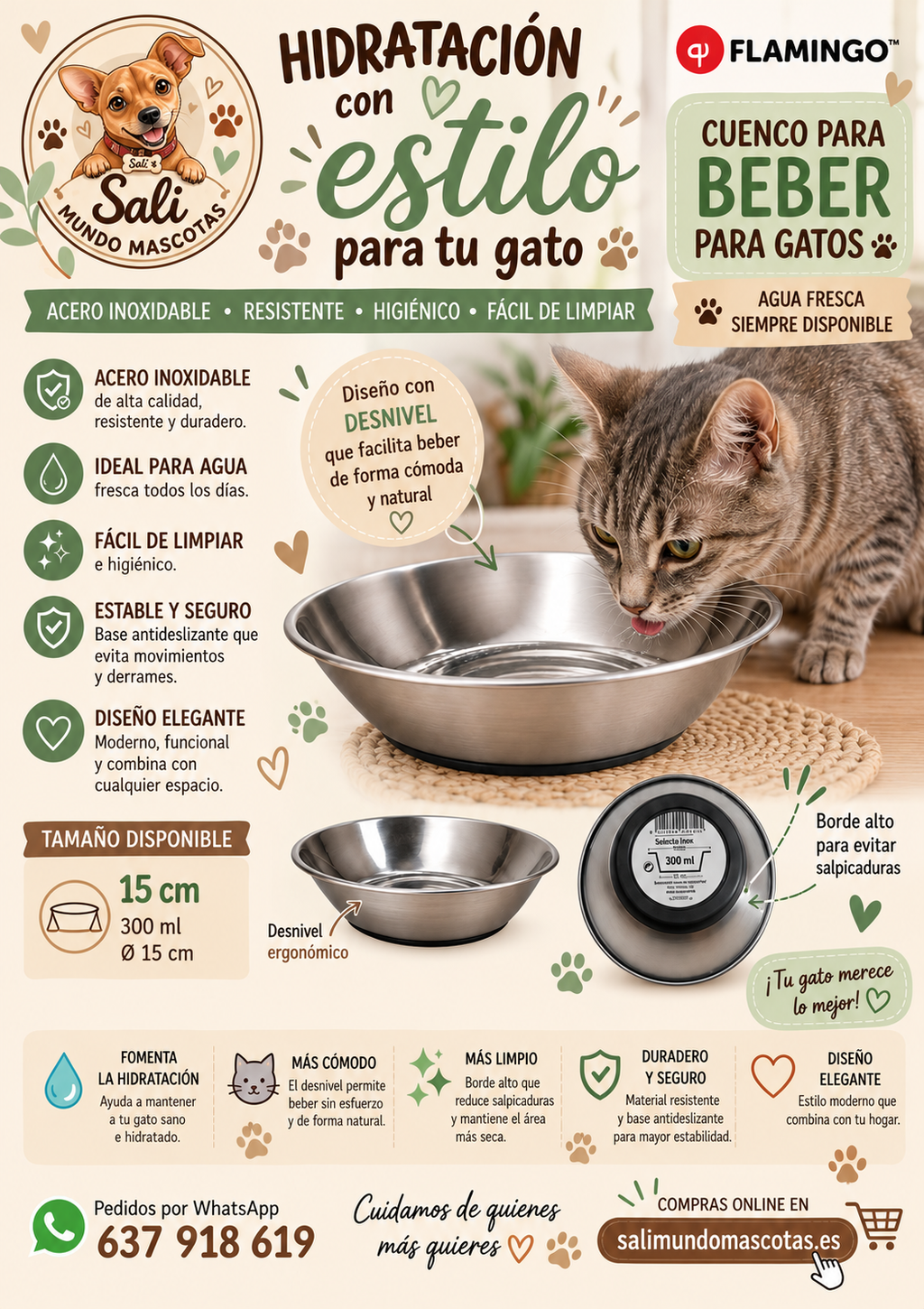 Cuenco para Gatos de Acero Inoxidable con Desnivel Ergonómico – Flamingo