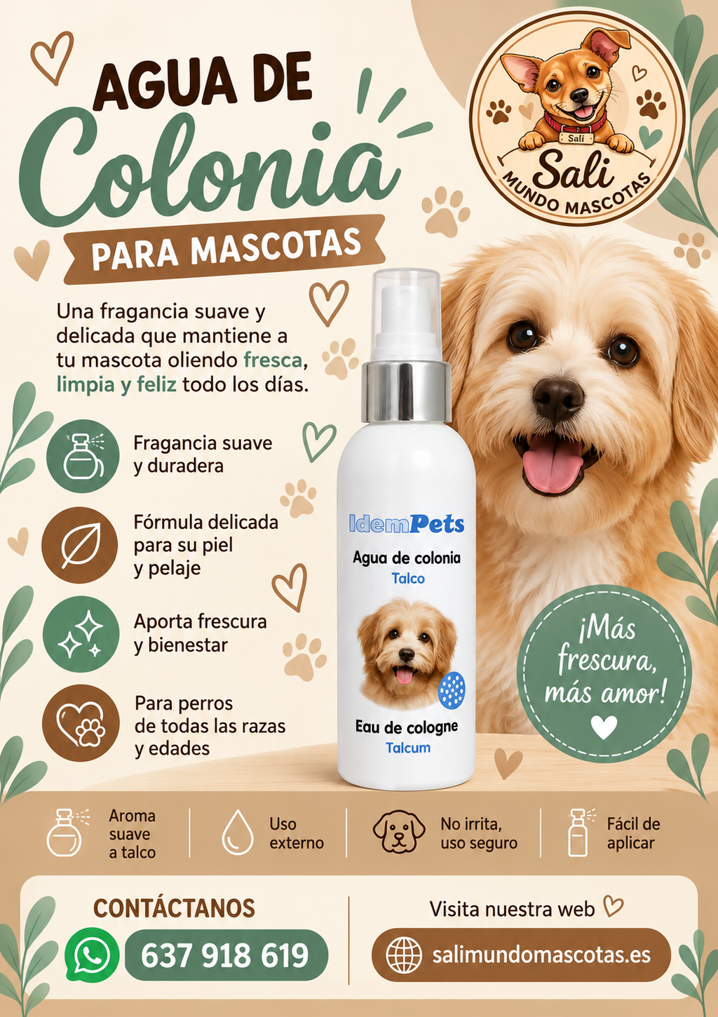 Agua de Colonia para Perros IdemPets Aroma Talco | Fragancia Suave y Duradera