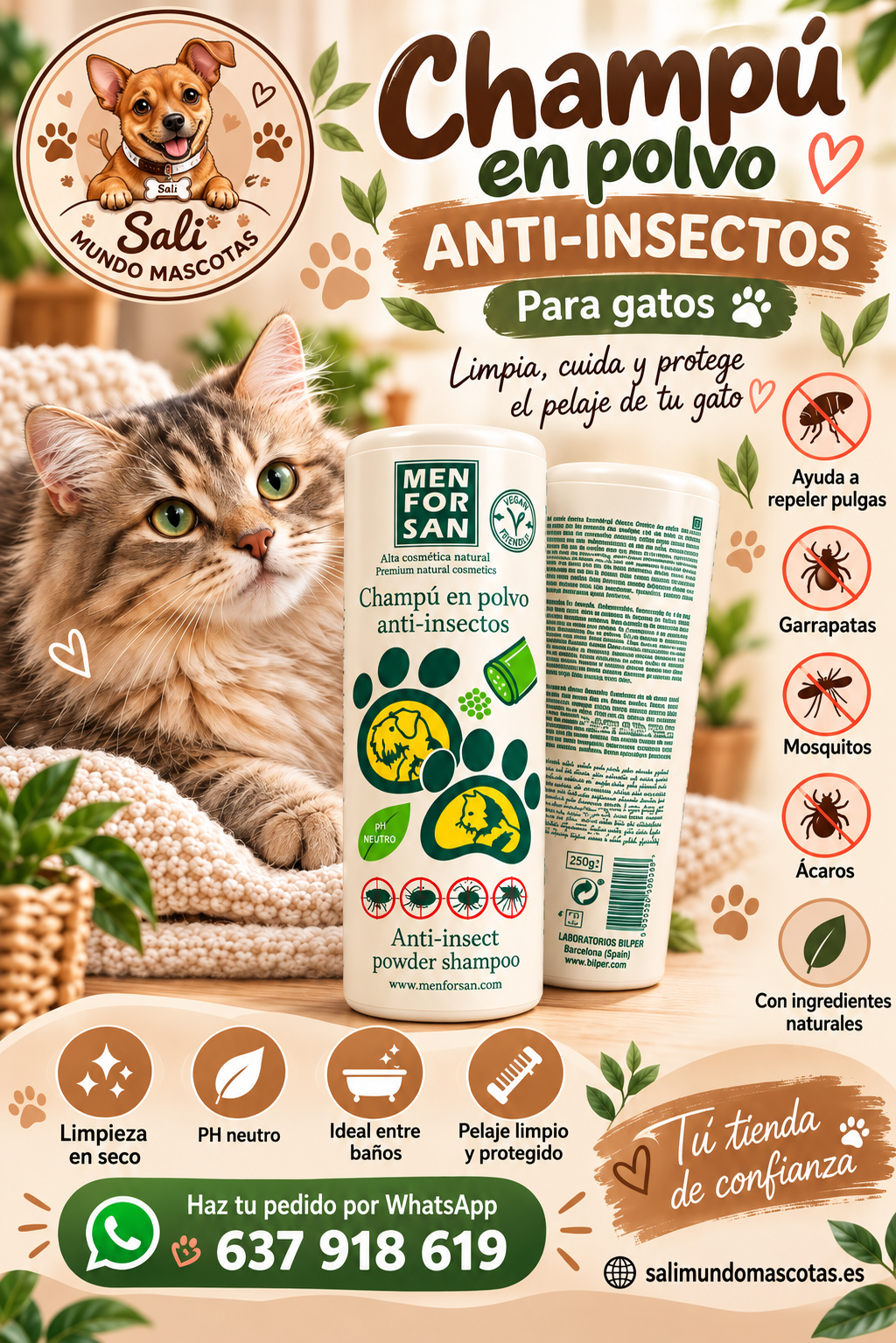Menforsan Champú en Polvo Anti-Insectos para Perros y Gatos 250 g