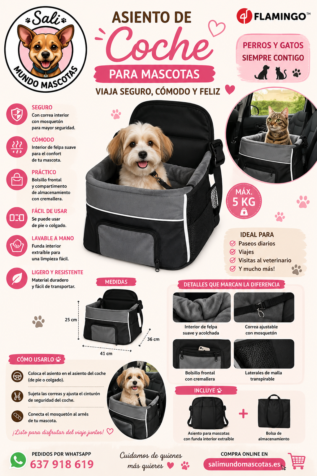 Asiento de Coche para Perros y Gatos – Máx. 5 kg | Seguro, Cómodo y Transpirable