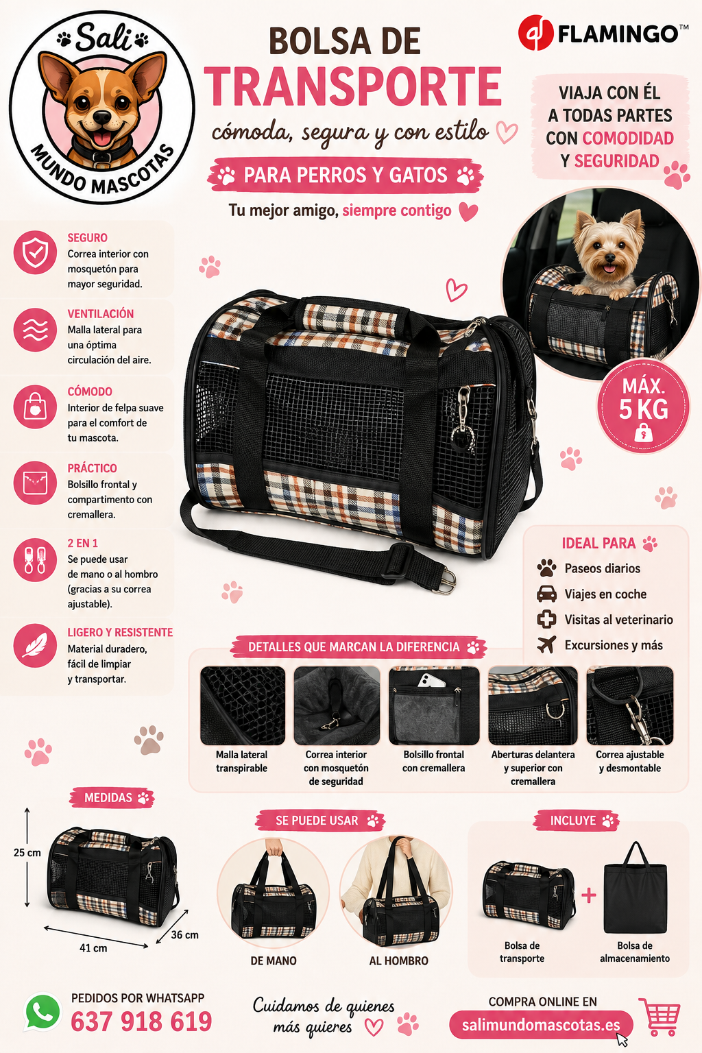 Bolsa de Transporte para Perros y Gatos – Máx. 5 kg | Cómoda, Segura y Transpirable