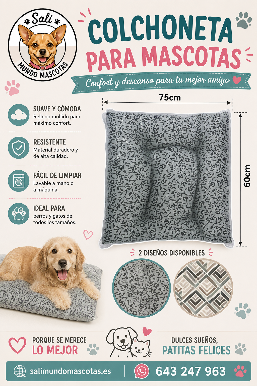 Colchoneta para Perros y Gatos 75x60 cm  2 diseños