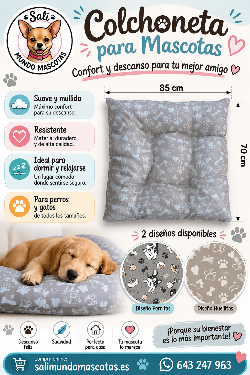 Colchoneta para Perros y Gatos 85x70 cm – 2 Diseños