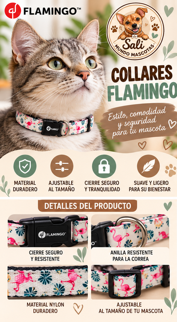 Collar Ajustable Flamingo para Perros (Tallas S, M, L)