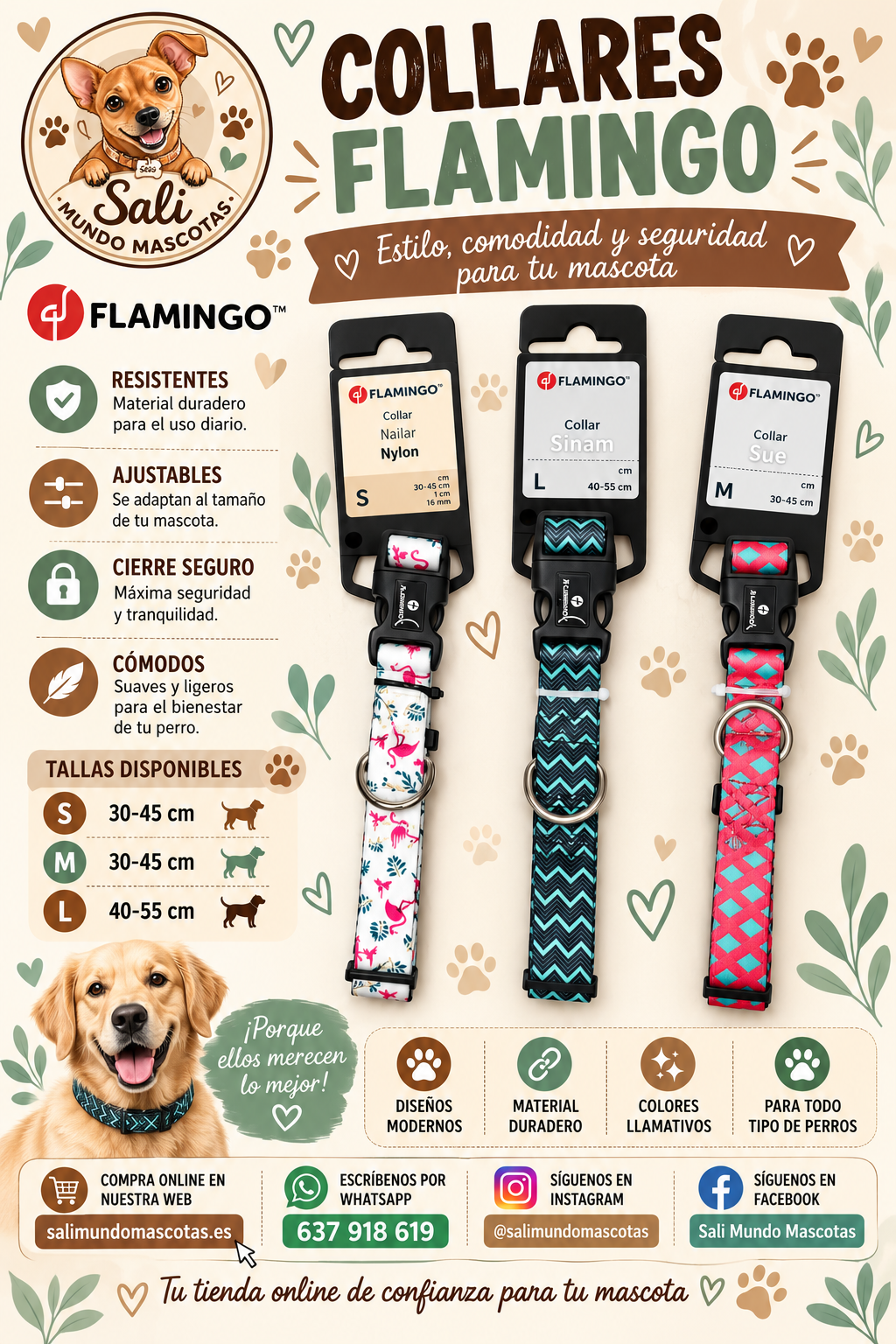 Collar Ajustable Flamingo para Perros (Tallas S, M, L)