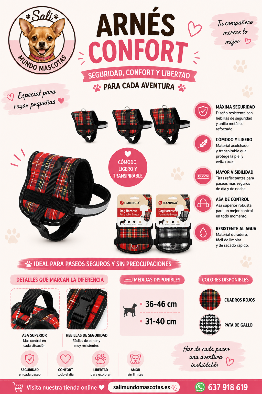 Arnés para Perros de Cuadros – Cómodo, Ajustable y Reflectante