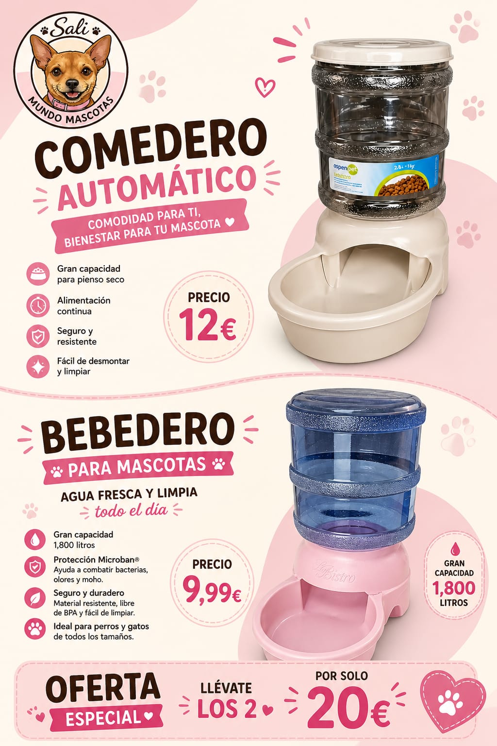 Pack Ahorro Sali: Comedero Automático + Bebedero 1,8L 🥣💧