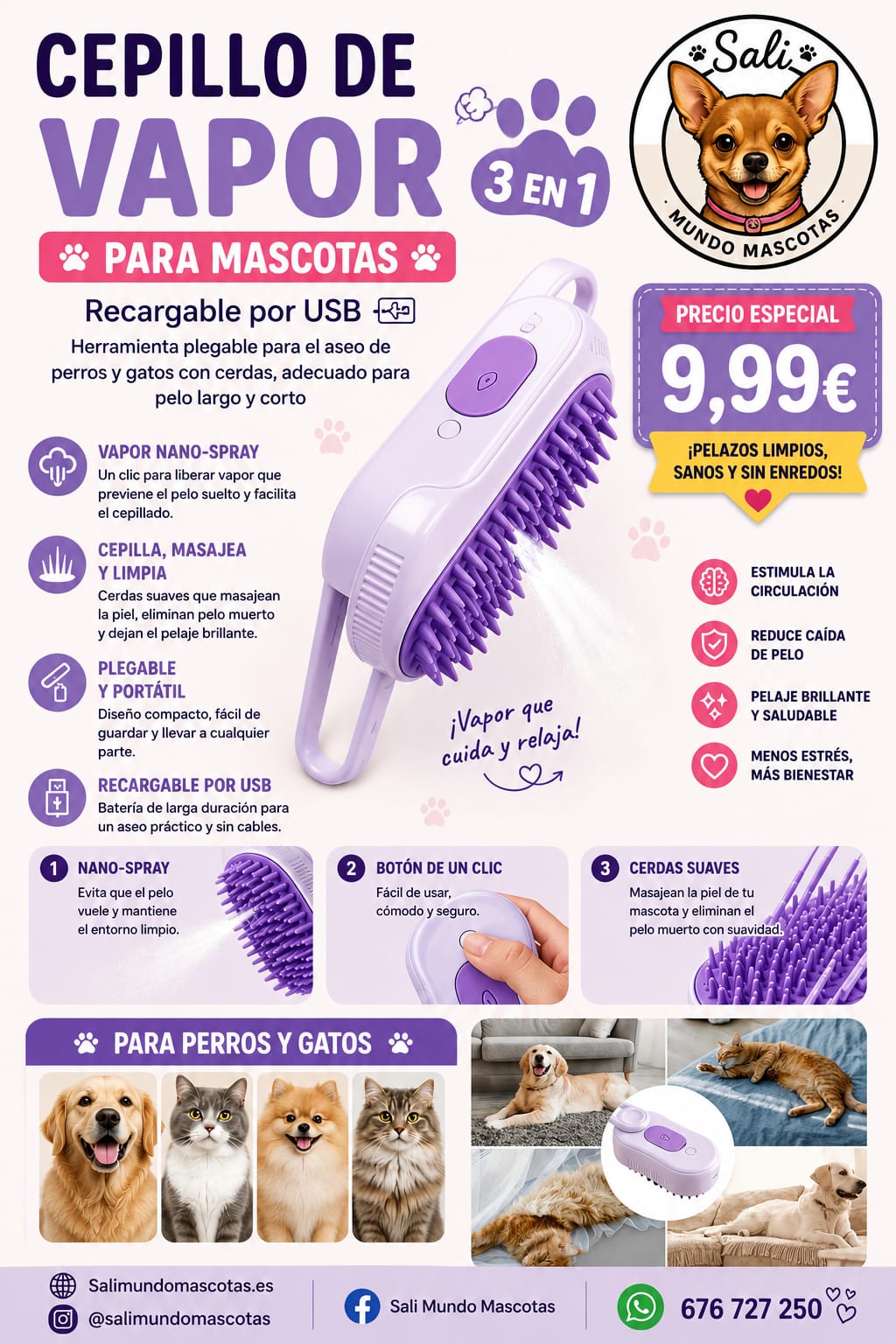 Cepillo de Vapor 3 en 1 para Perros y Gatos Sali - Recargable USB 🌬️🐾