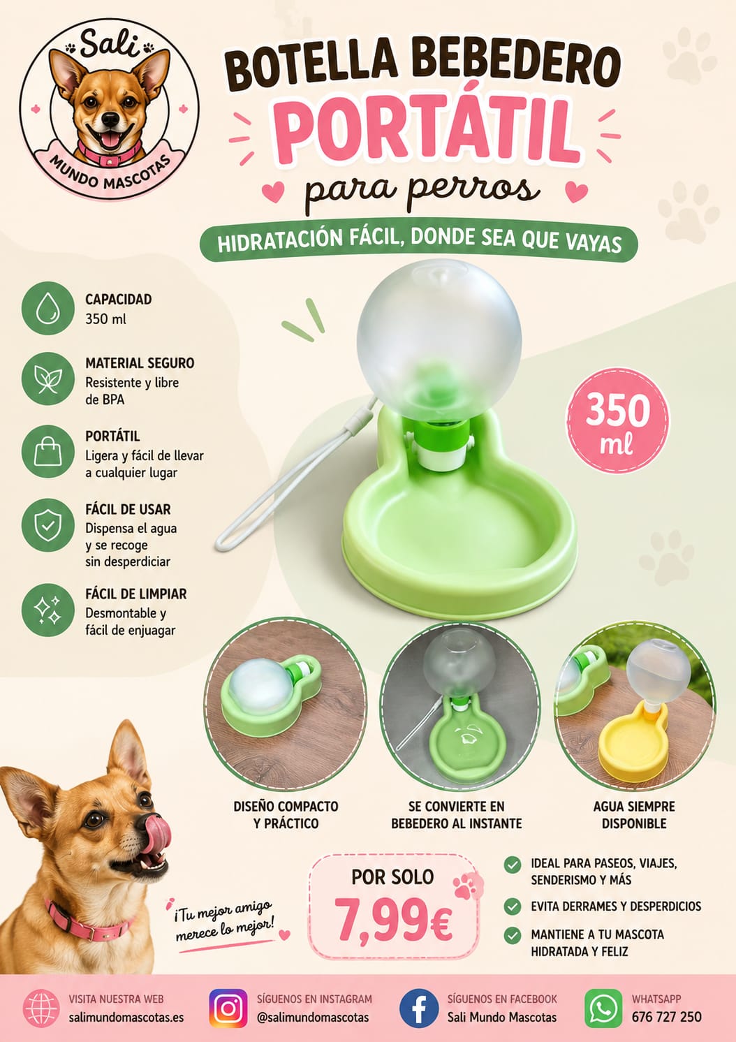 Botella Bebedero Portátil para Perros Sali - 350 ml 💧🐶