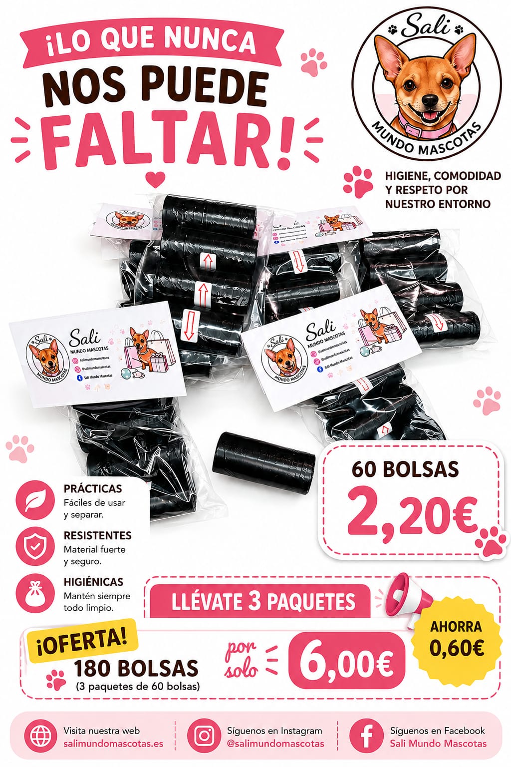 Pack Oferta 3 Paquetes de Bolsas Higiénicas Sali (180 bolsas) 🧻🐾