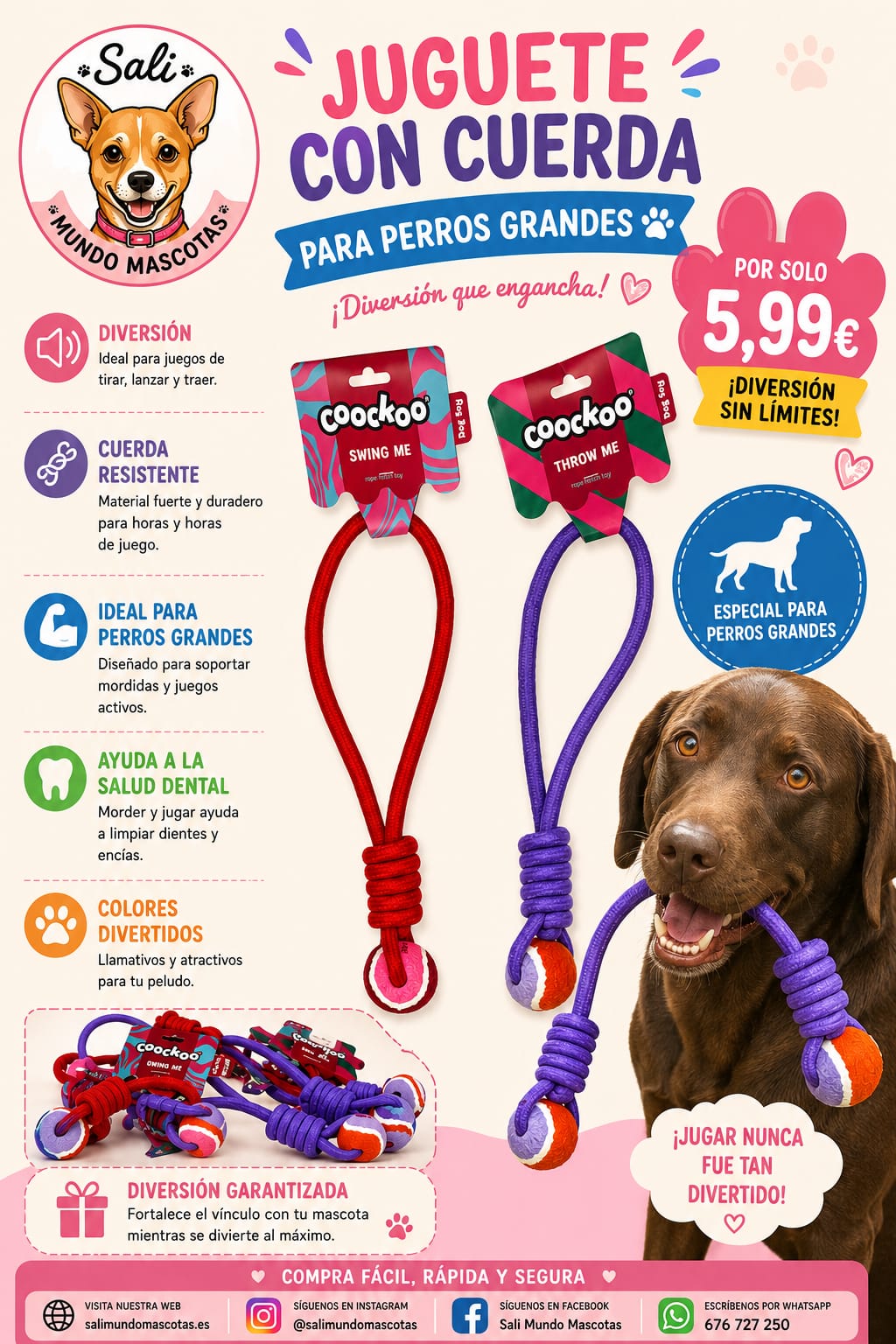 Juguete con Cuerda Resistente para Perros Grandes Sali - Marca Coockoo 🎾💪pet_supplies