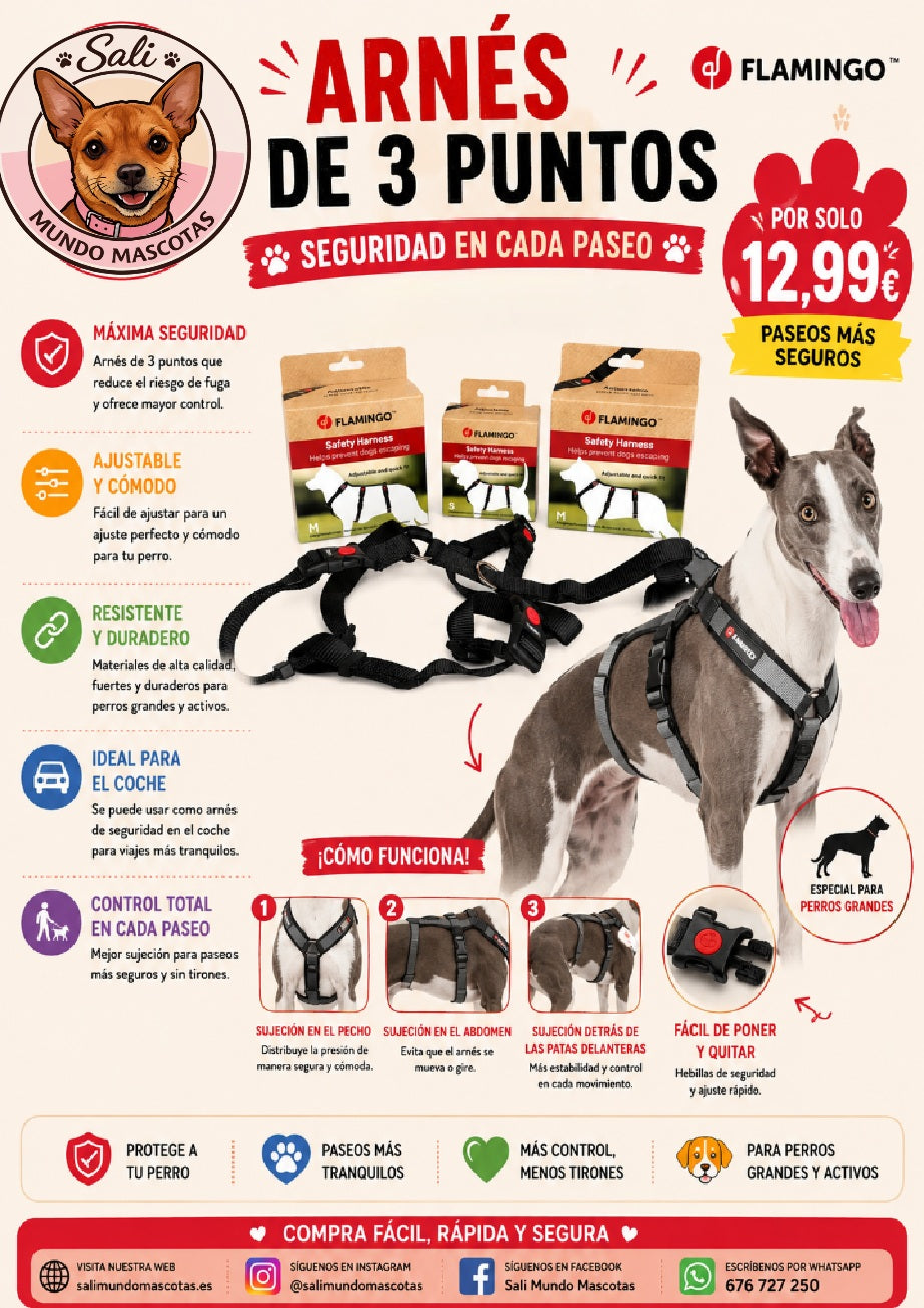 Arnés Antiescape de 3 Puntos para Perros Sali - Marca Flamingo 🐕🛡️