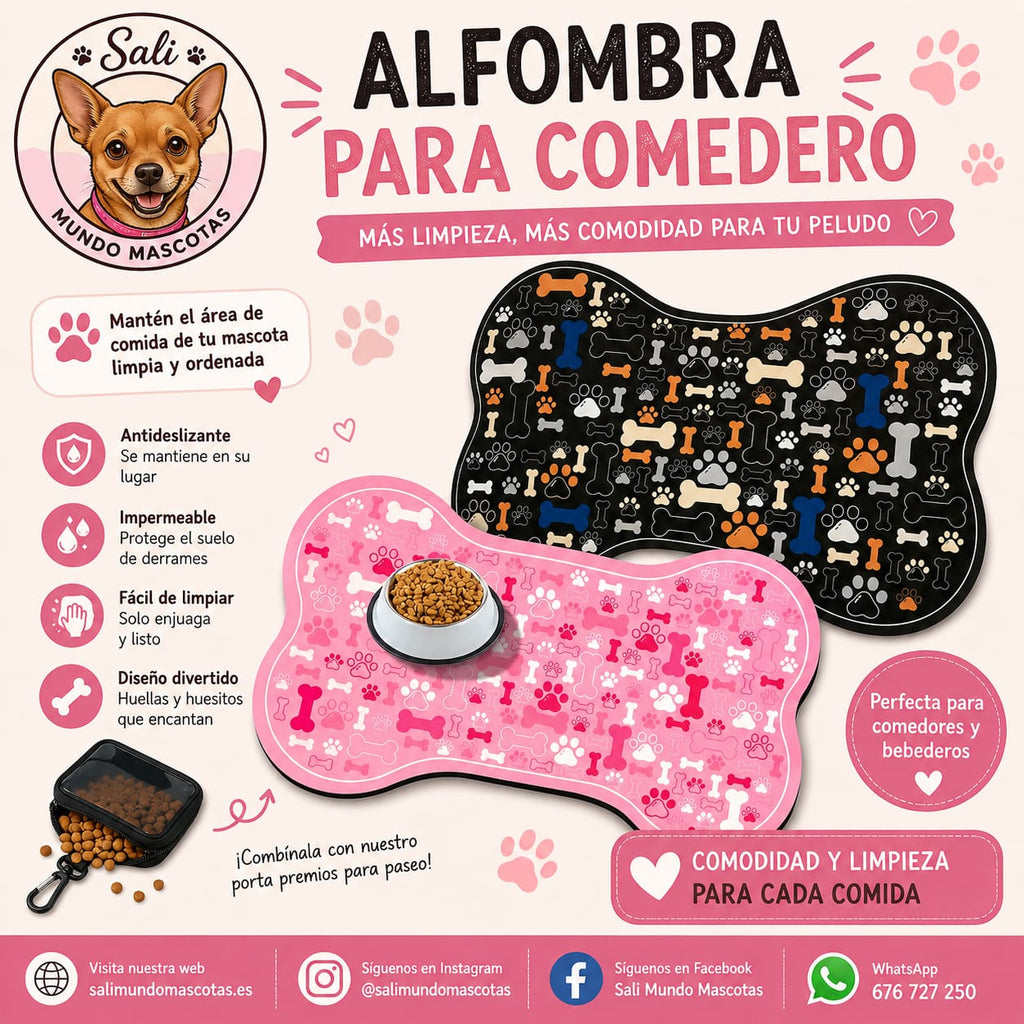 Alfombra Impermeable para Comedero y Bebedero Sali - Diseño Huellas y Huesitos 🐾🍽️pet_supplies