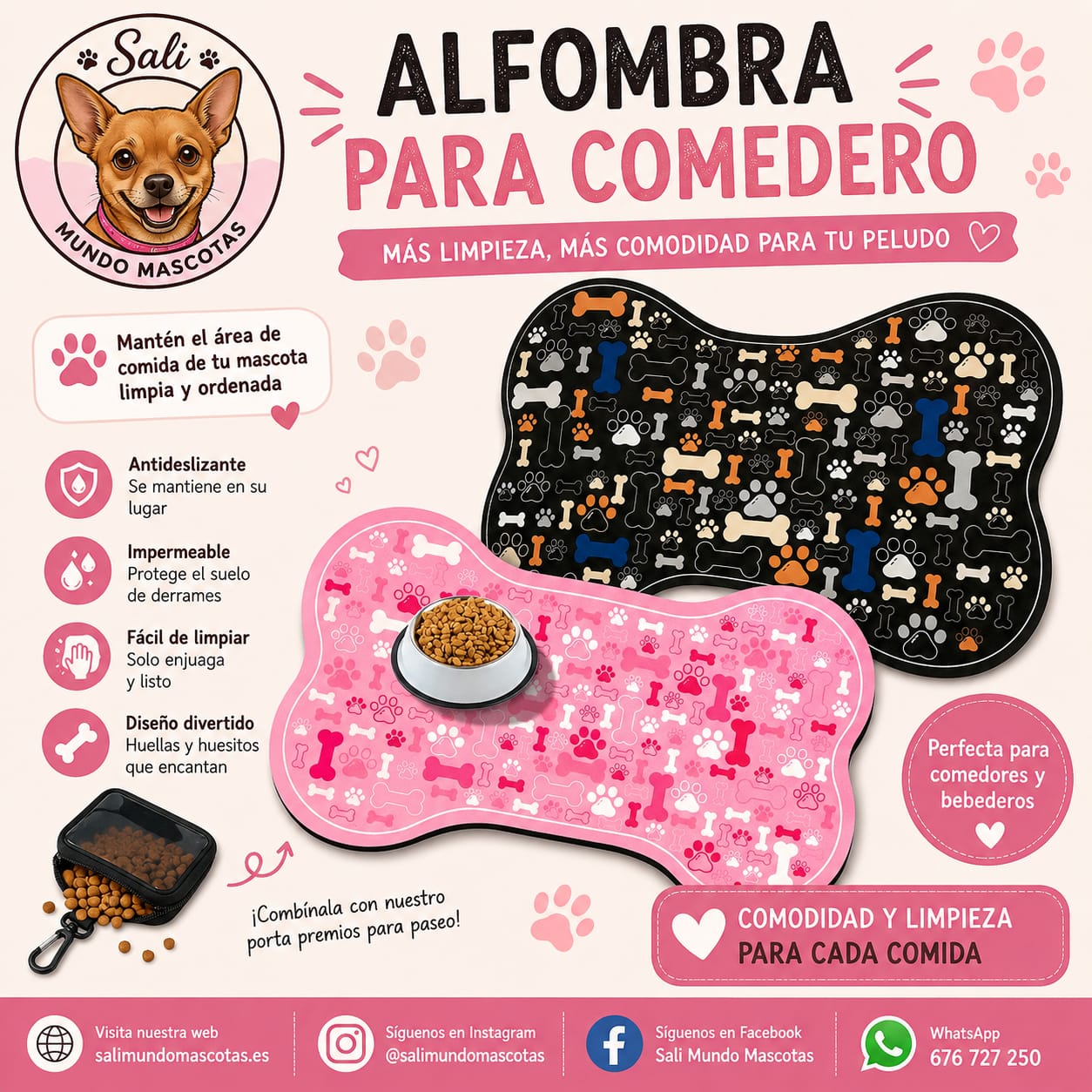 Alfombra Impermeable para Comedero y Bebedero Sali - Diseño Huellas y Huesitos 🐾🍽️pet_supplies