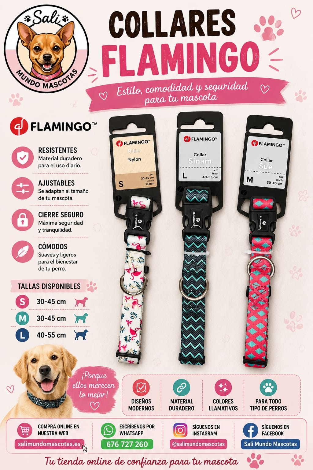 Collar Ajustable Flamingo para Perros (Tallas S, M, L)