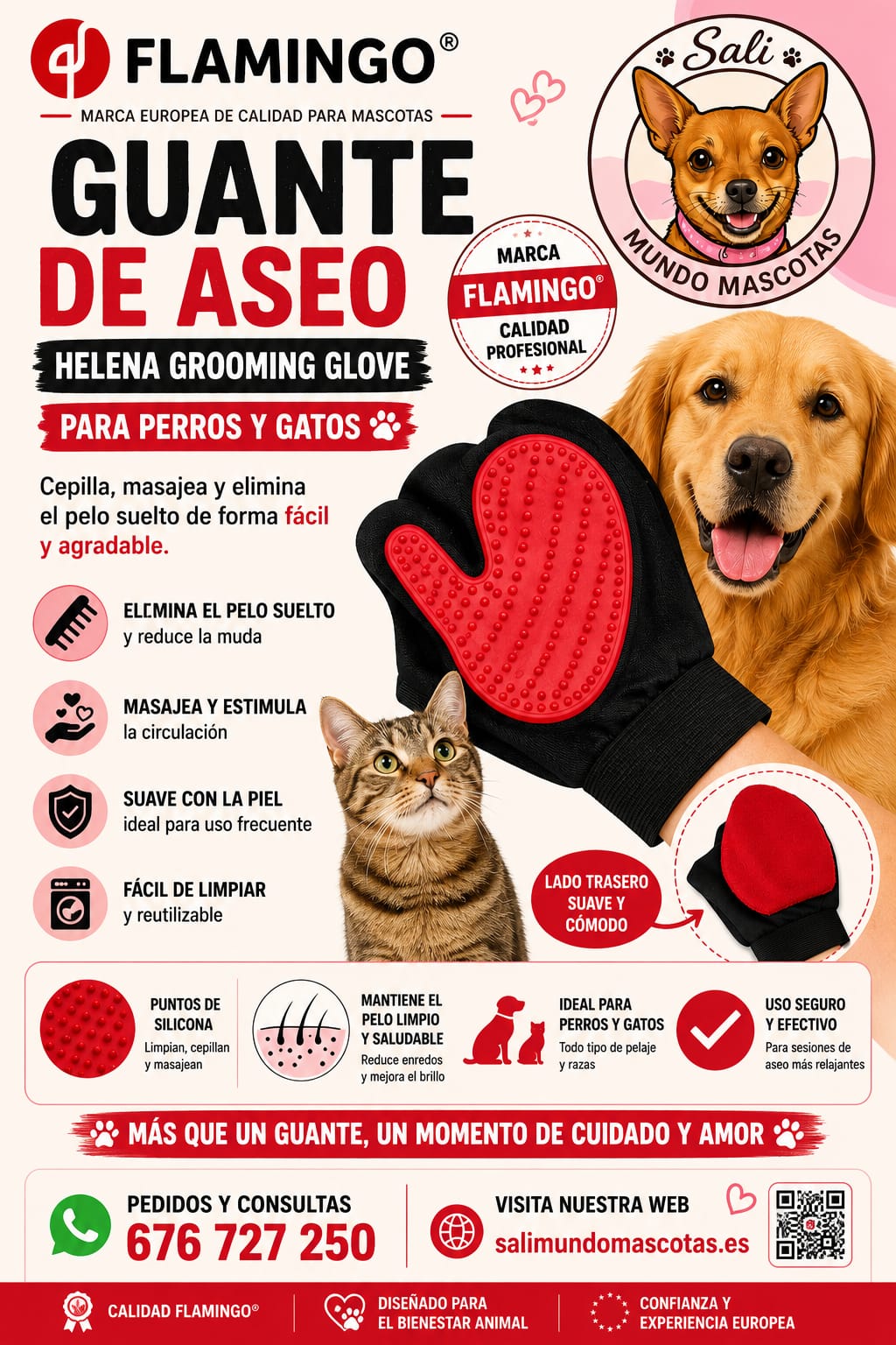 Guante de Aseo Flamingo Helena para Perros y Gatos | Elimina Pelo Suelto y Masajea la Piel