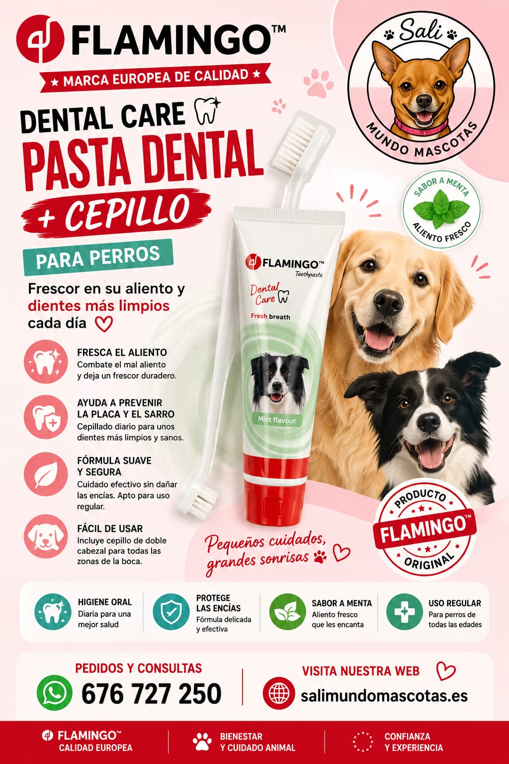 Pasta Dental para Perros Flamingo con Cepillo Doble | Higiene Oral y Aliento Fresco