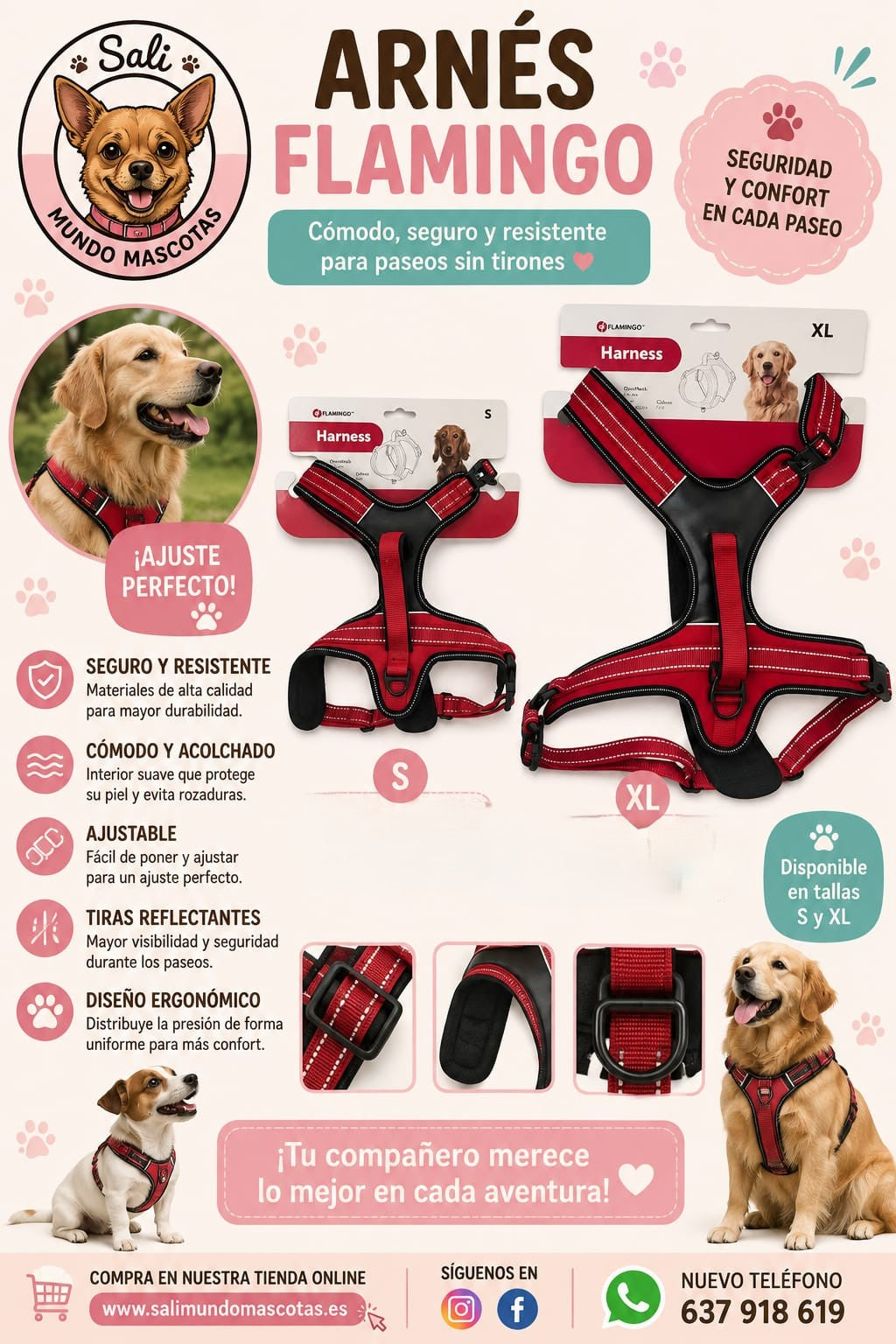 Arnés Flamingo para Perro Acolchado Ajustable | Tallas S y XL | Color Rojo
