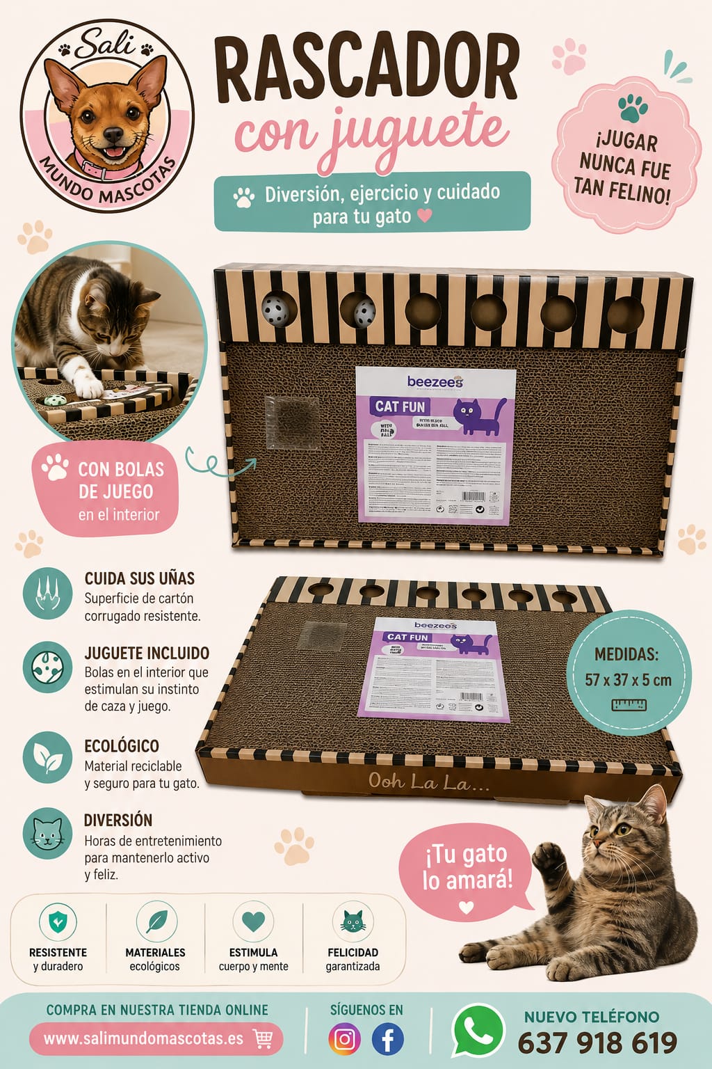 Rascador para Gatos con Juguete de Pelotas | Cartón Corrugado | 57 x 37 x 5 cm