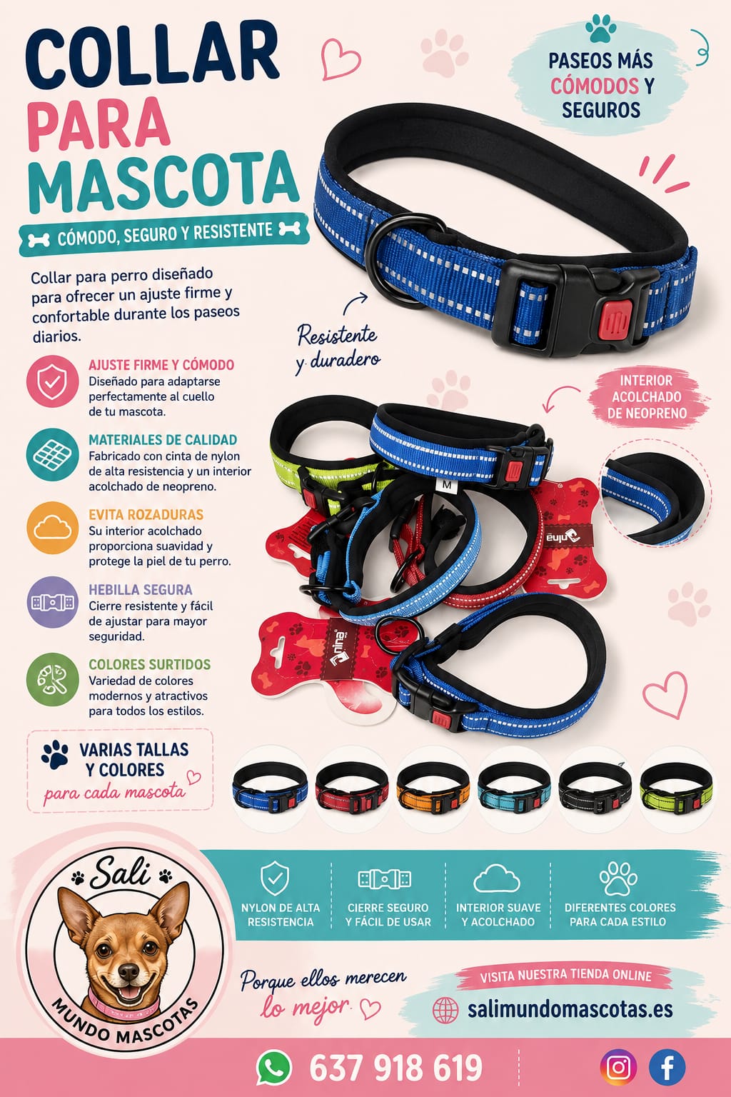 Collar Acolchado para Perros | Nylon Reflectante | Ajustable | Varios Colores y Tallas