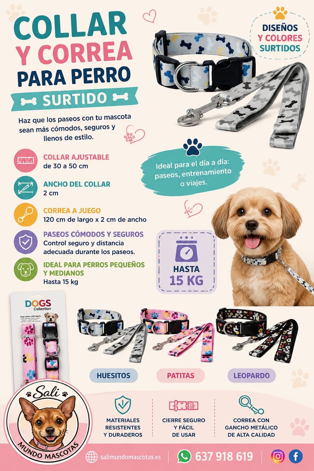 Conjunto Collar y Correa para Perro Ajustable 30-50 cm | Varios Diseños | Sali Mundo Mascotas