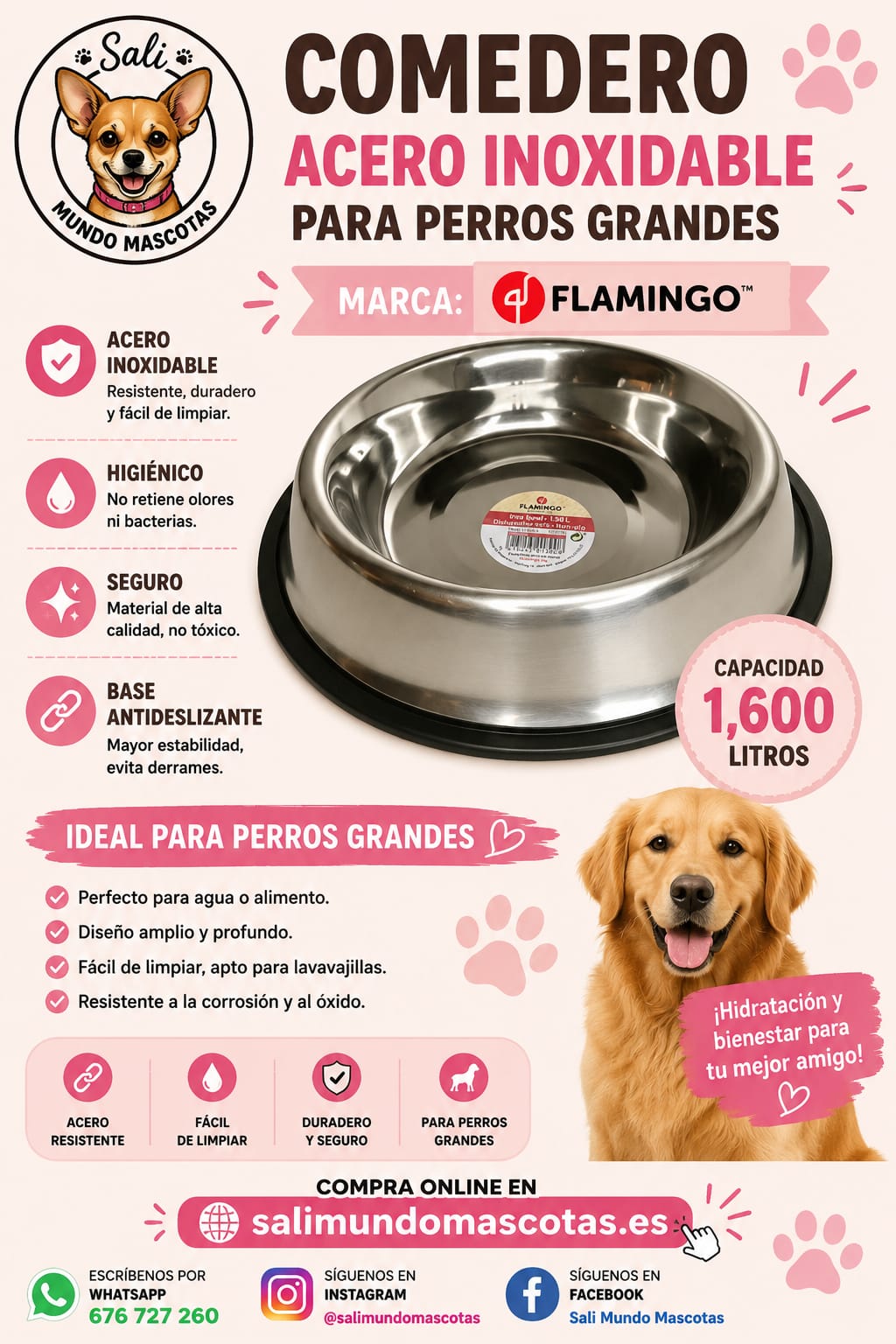 Comedero de Acero Inoxidable Flamingo para Perros Grandes (30 cm - 1.6L)