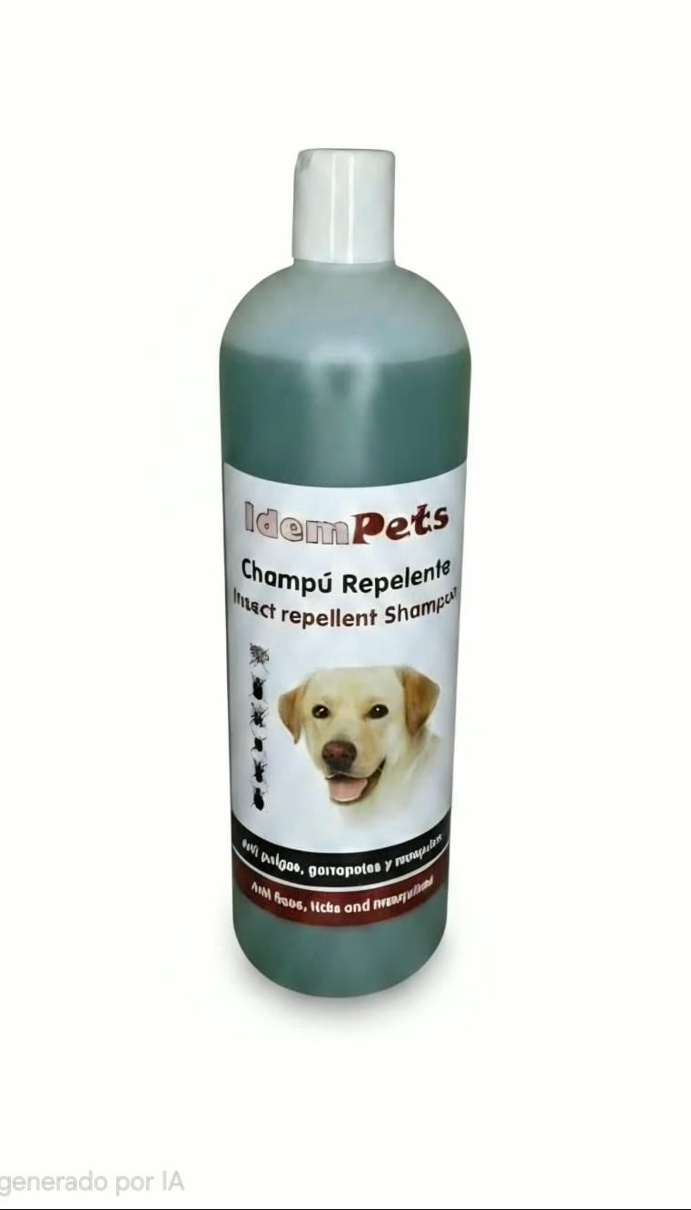 Champú Repelente de Insectos IdemPets (1 Litro)Protección Natural: Eficaz contra pulgas, garrapatas, piojos y mosquitos.Fórmula Suave: Con extractos naturales, sin parabenos ni colorantes. Apto para uso frecuente.Pelaje Sano: Deja el pelo suave, brillante, con un aroma fresco y fácil de cepillar.Formato Ahorro: Envase familiar de 1 Litro.