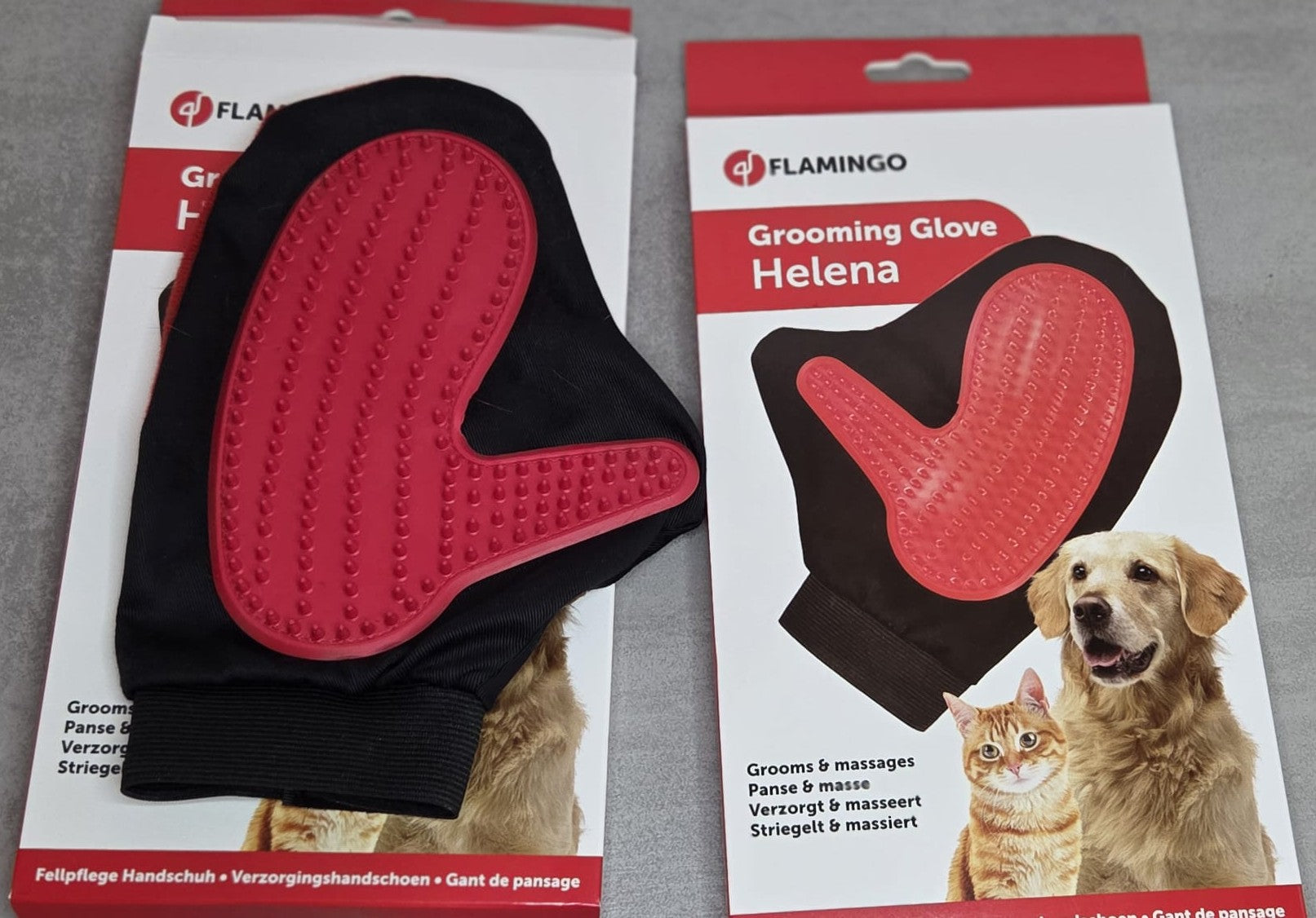 Guante de Aseo Flamingo Helena para Perros y Gatos | Elimina Pelo Suelto y Masajea la Piel