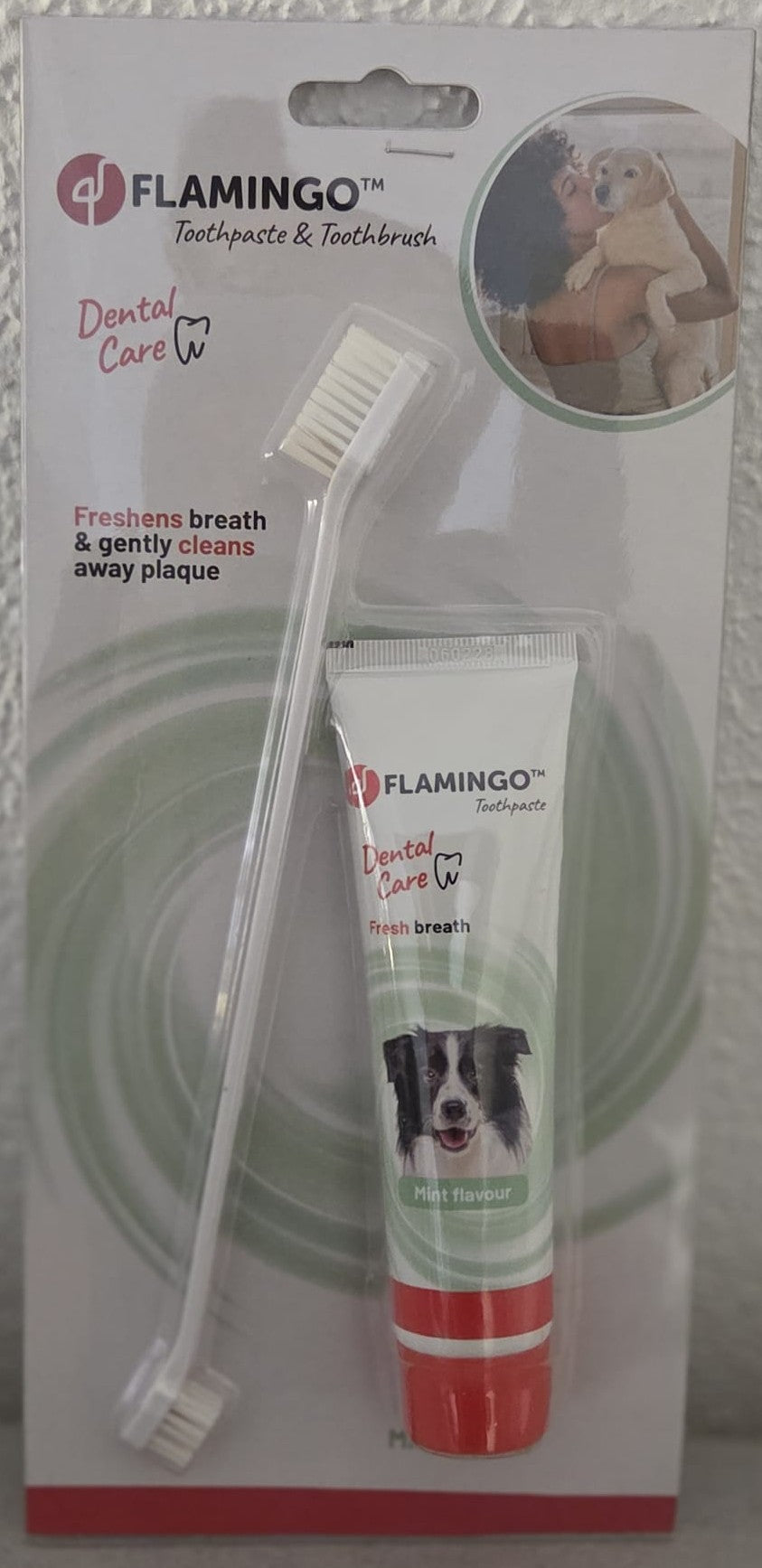 Pasta Dental para Perros Flamingo con Cepillo Doble | Higiene Oral y Aliento Fresco