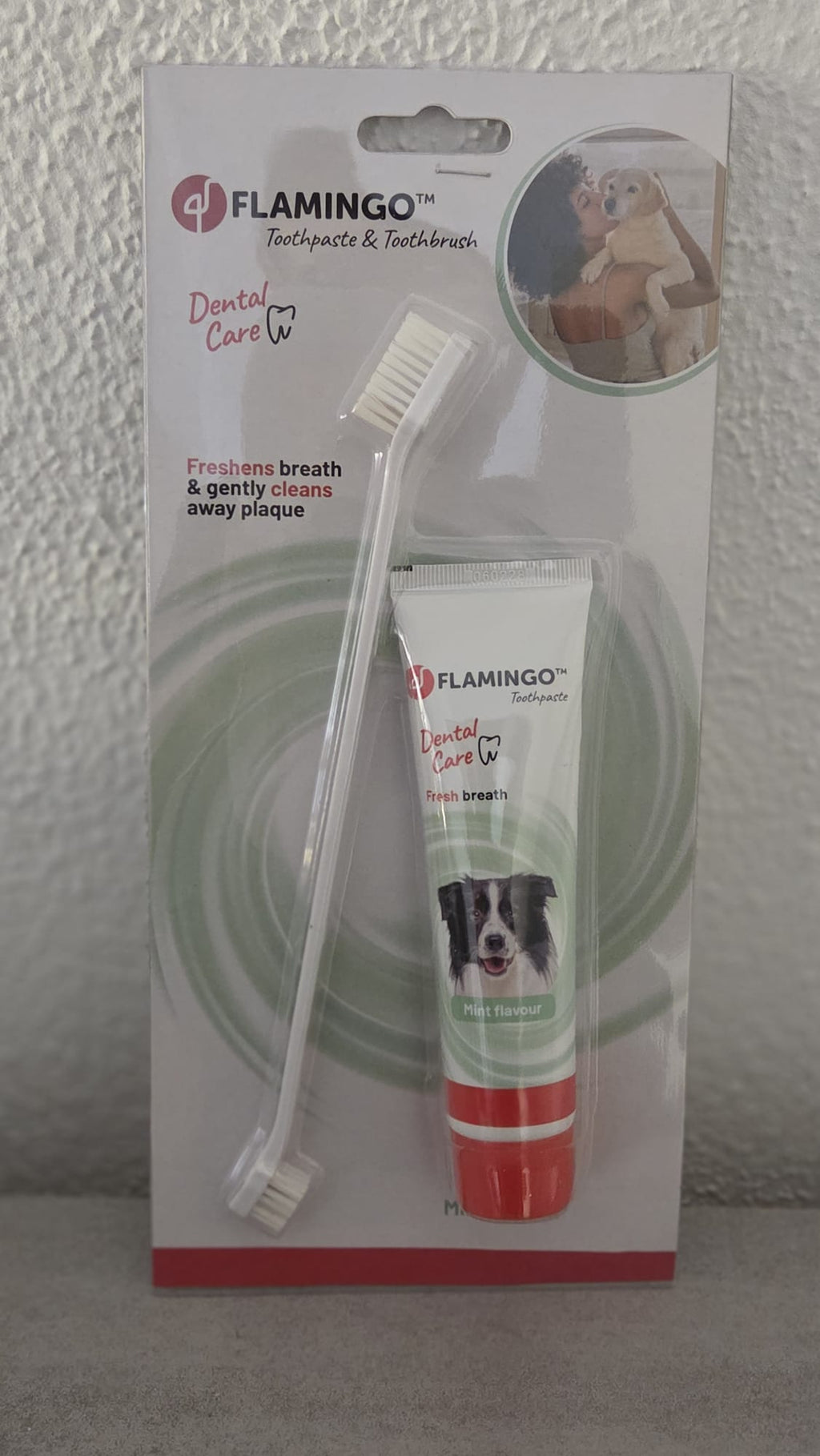Pasta Dental para Perros Flamingo con Cepillo Doble | Higiene Oral y Aliento Fresco