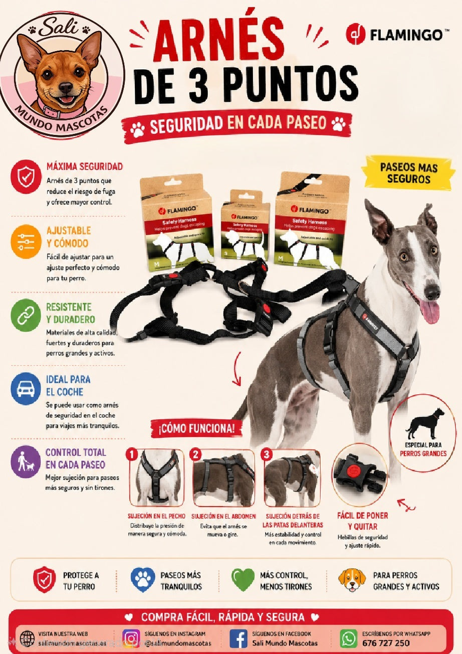Arnés Antiescape de 3 Puntos para Perros Sali - Marca Flamingo 🐕🛡️