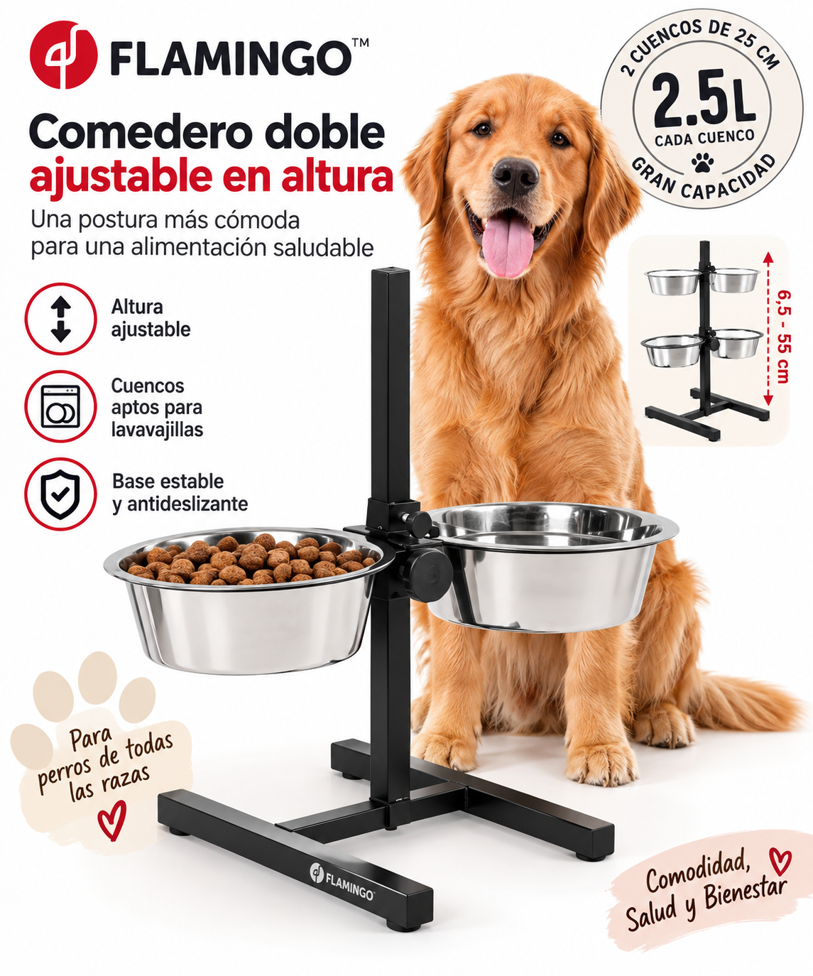 Flamingo Easy Eat and Drink – Comedero Doble Regulable en Altura con 2 Cuencos de Acero Inoxidable