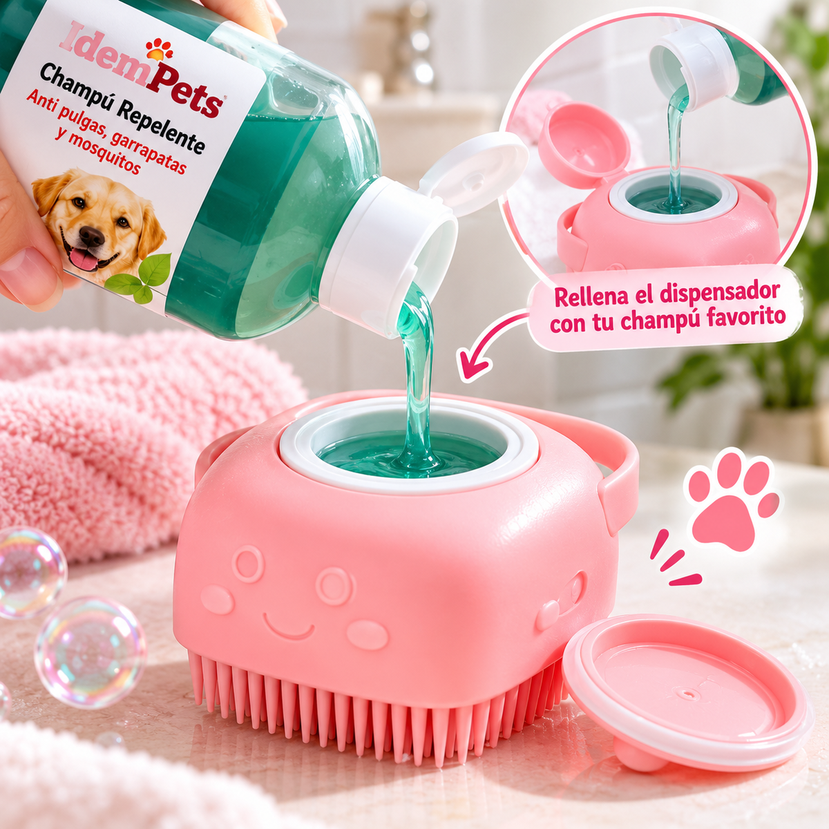 Oferta Especial Baño para Mascotas | Champú Repelente + Cepillo de Baño con Dispensador