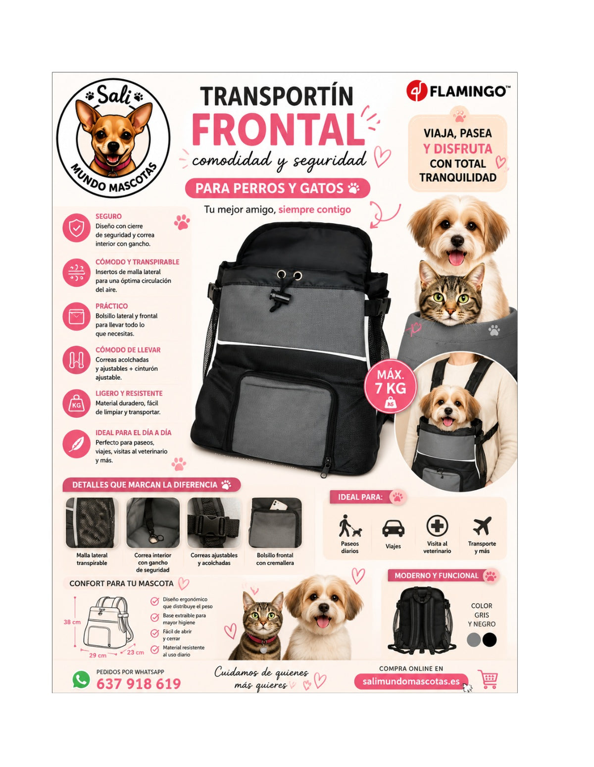 Transportín Frontal para Perros y Gatos – Máx. 7 kg | Cómodo, Transpirable y Seguro