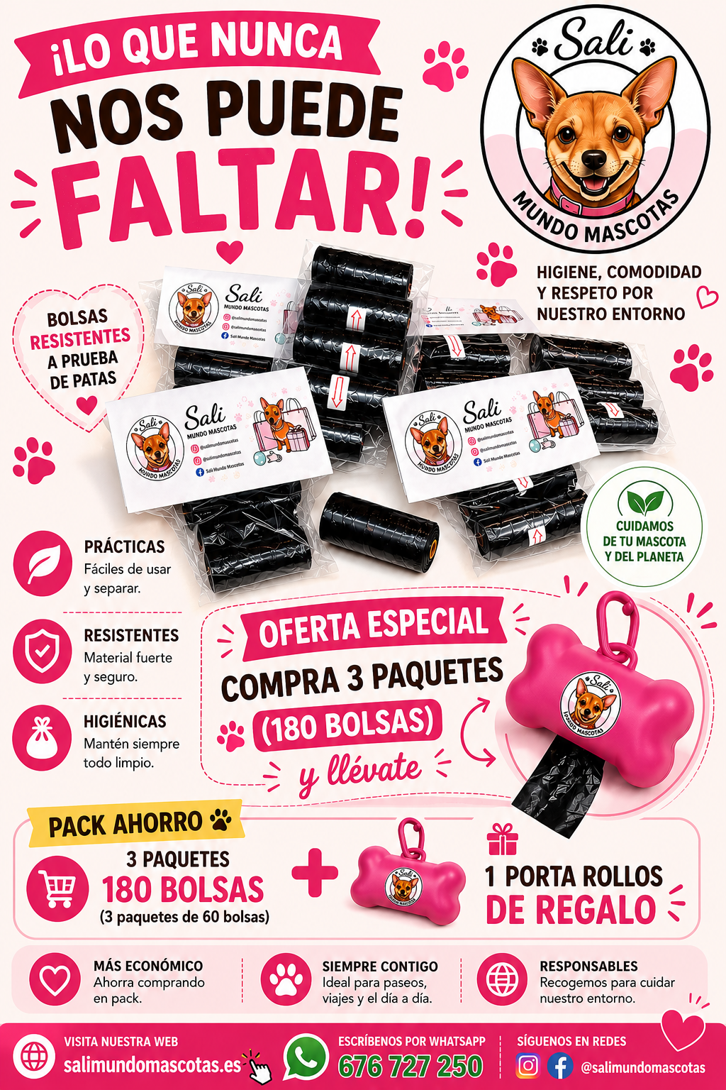 🐾 Pack Ahorro Bolsas para Perros 180 Unidades + Portarrollos de Regalo | Sali Mundo Mascotas