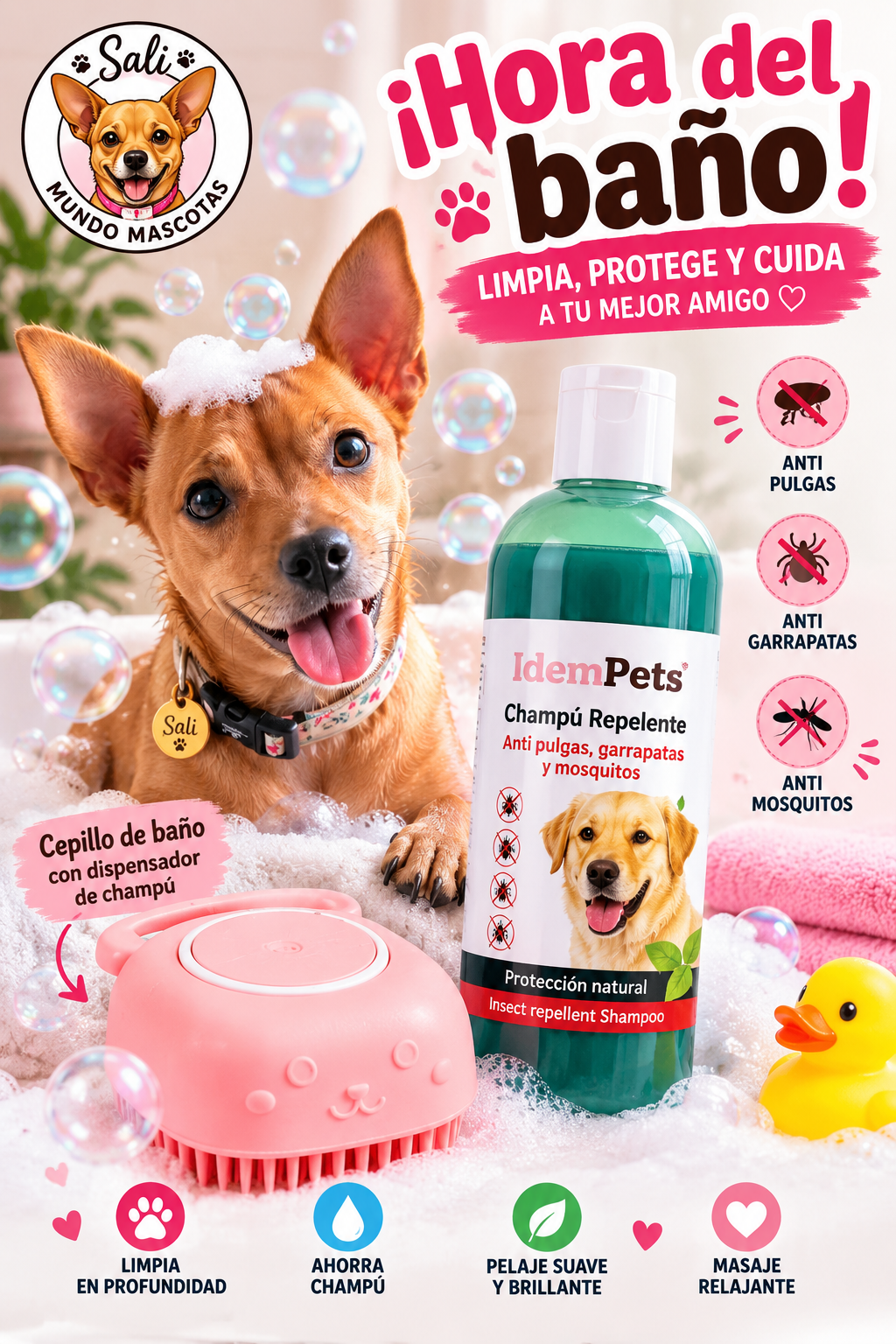 Oferta Especial Baño para Mascotas | Champú Repelente + Cepillo de Baño con Dispensador