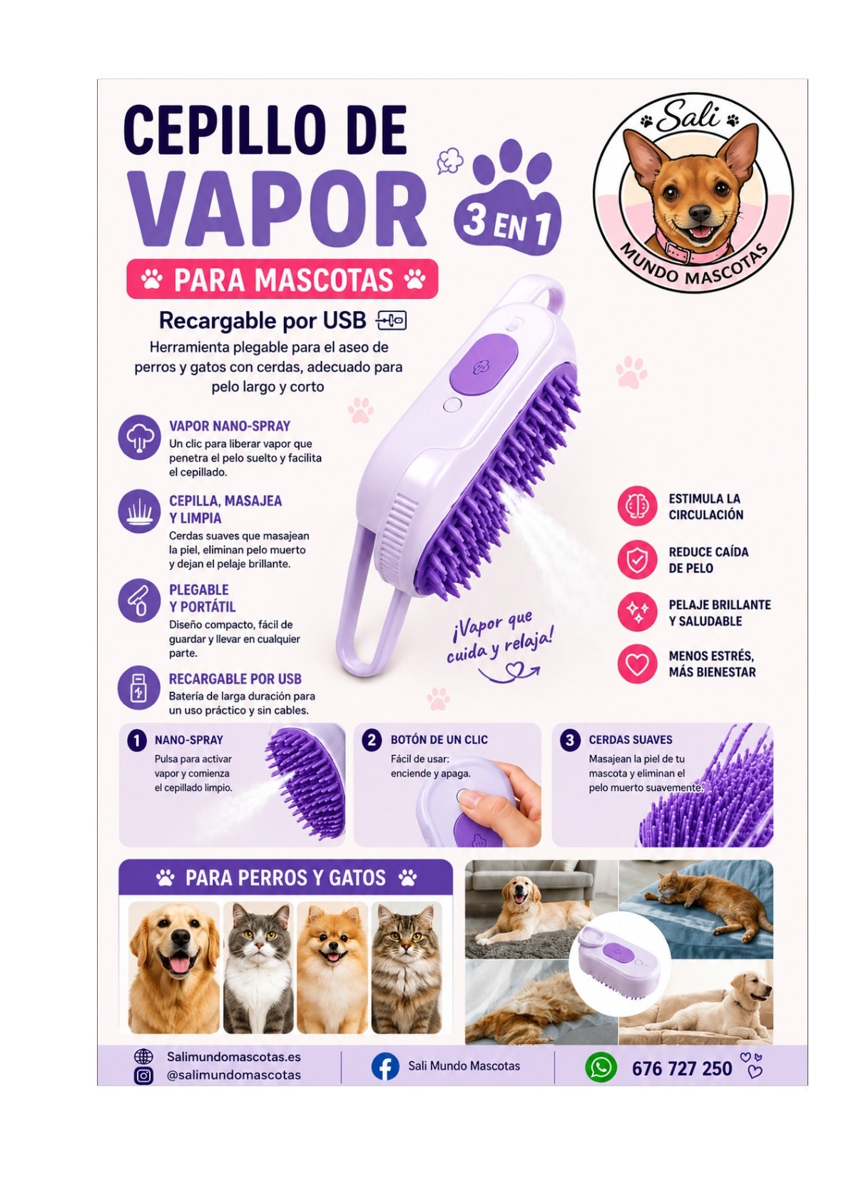 Cepillo de Vapor 3 en 1 para Perros y Gatos Sali - Recargable USB 🌬️🐾