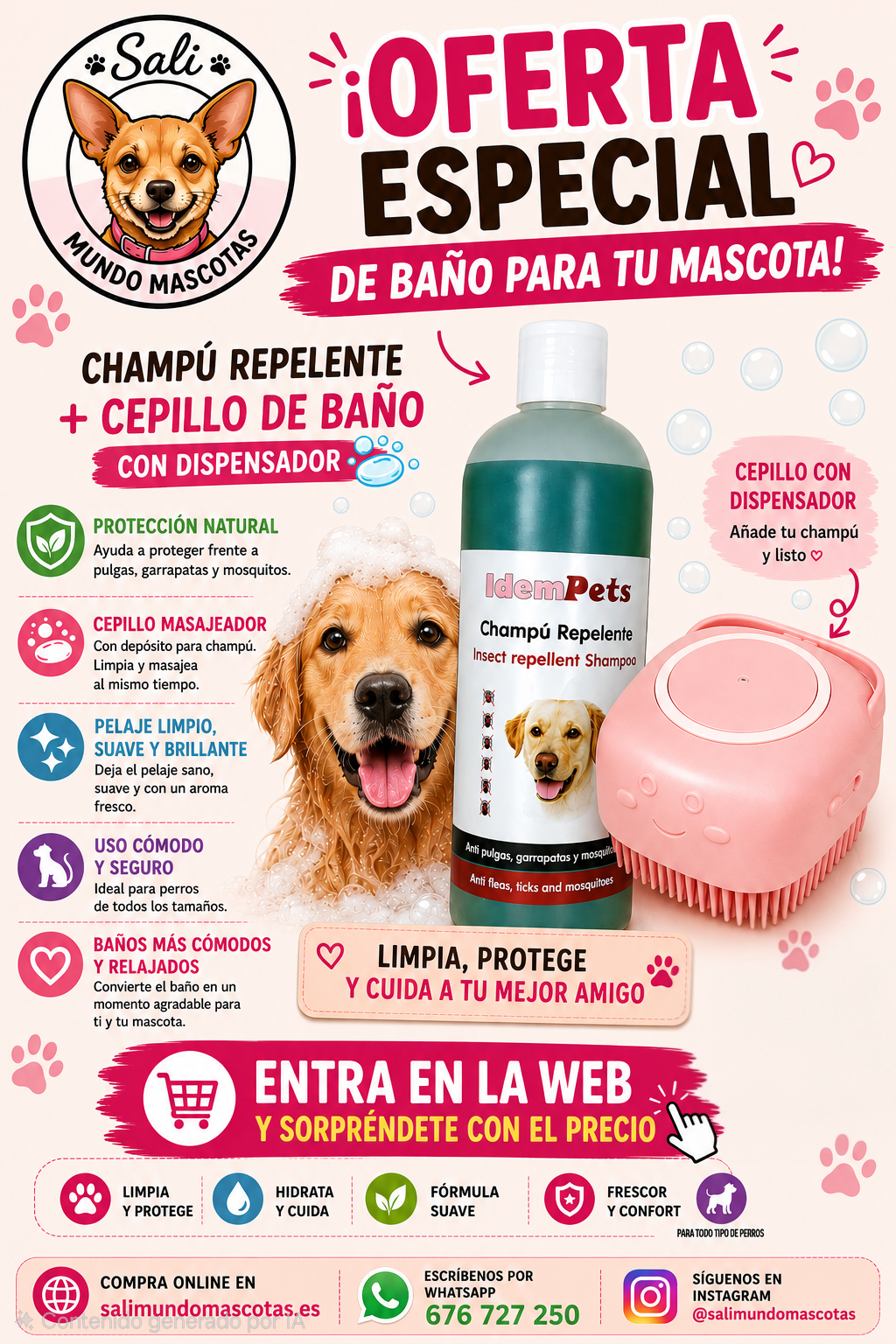 Oferta Especial Baño para Mascotas | Champú Repelente + Cepillo de Baño con Dispensador