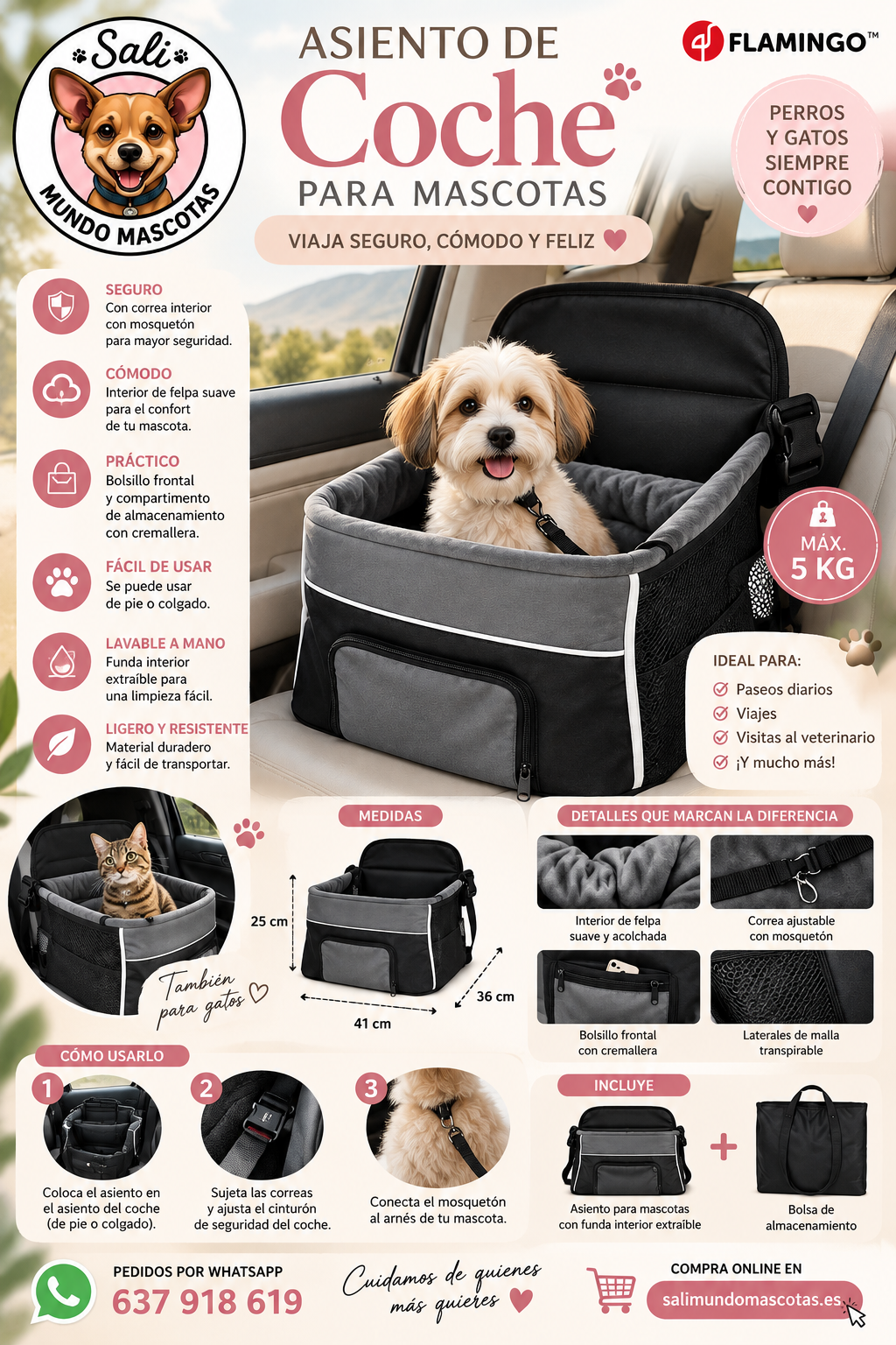 Asiento de Coche para Perros y Gatos – Máx. 5 kg | Seguro, Cómodo y Transpirable