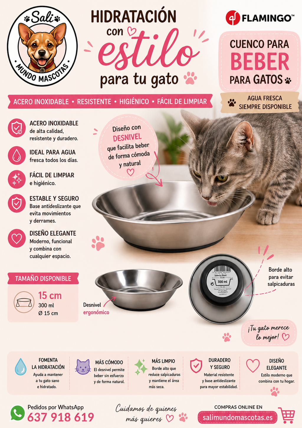 Cuenco para Gatos de Acero Inoxidable con Desnivel Ergonómico – Flamingo