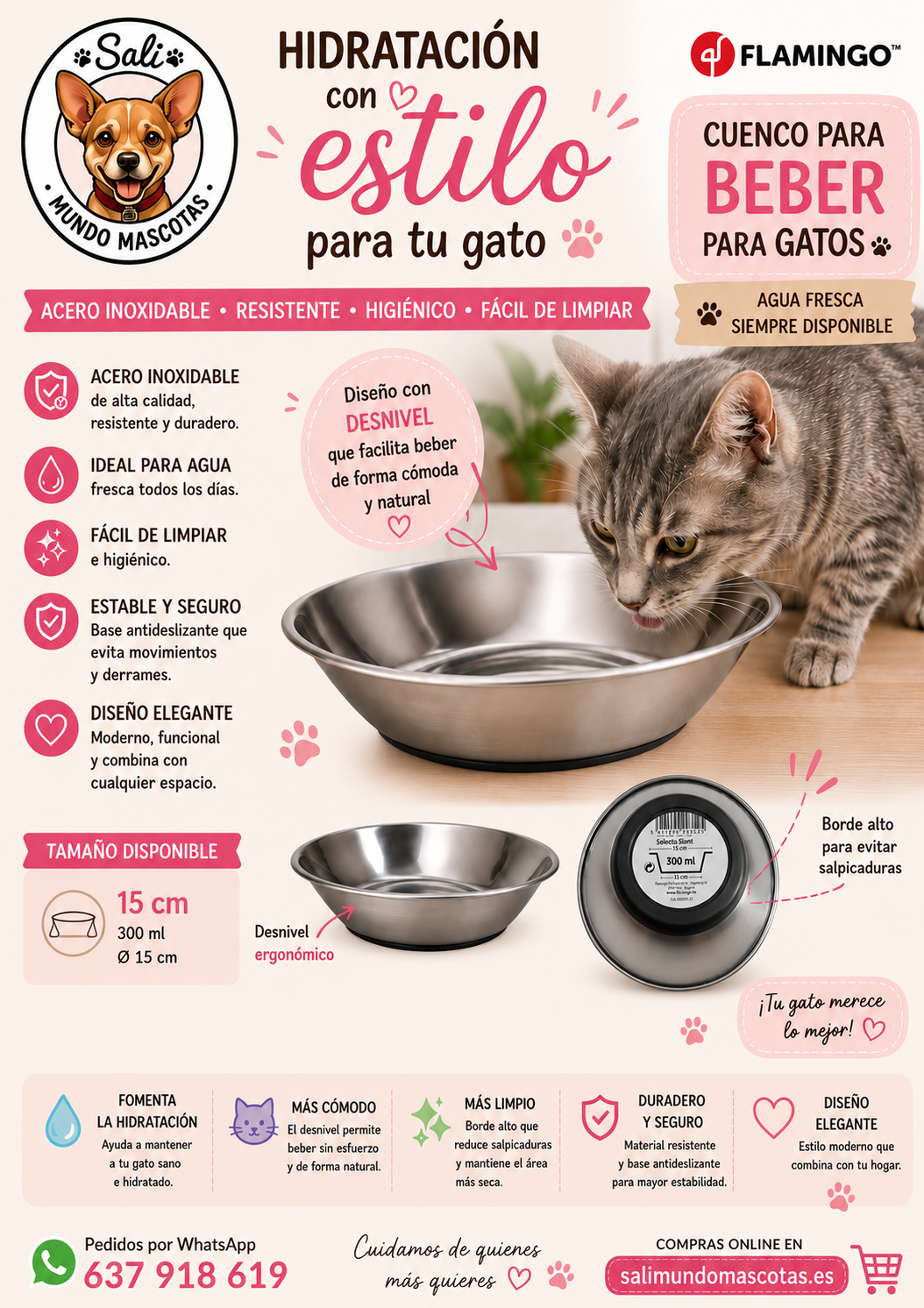 Cuenco para Gatos de Acero Inoxidable con Desnivel Ergonómico – Flamingo