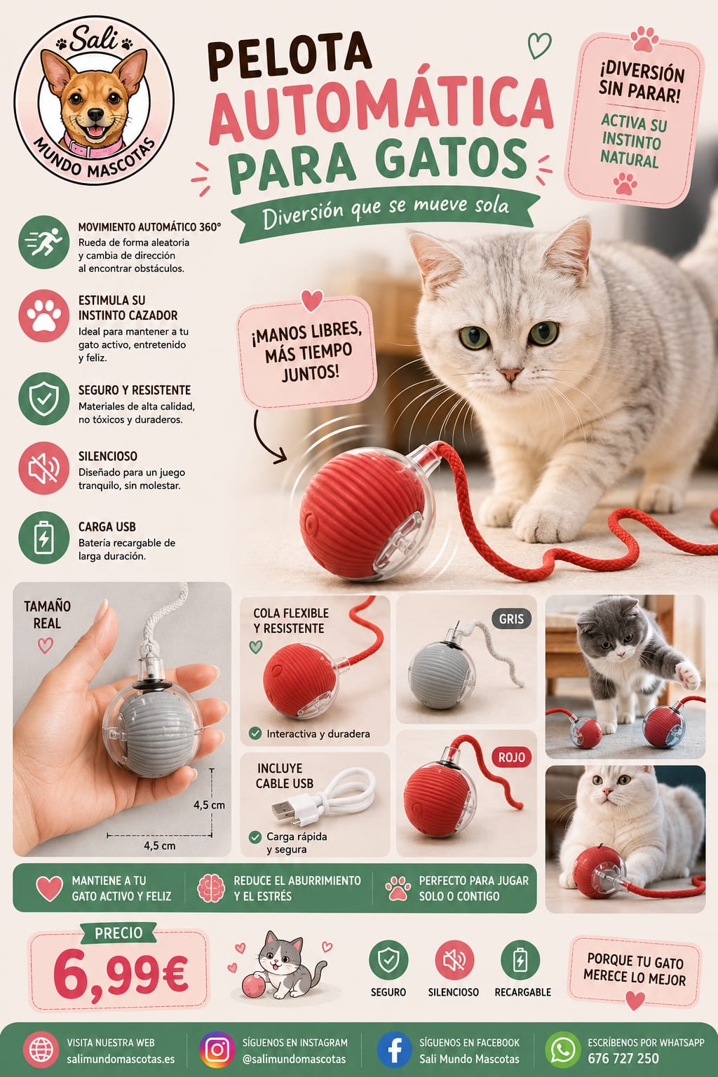 Pelota Automática Interactiva para Gatos Sali - Movimiento 360° USB 🔴🥎pet_supplies
